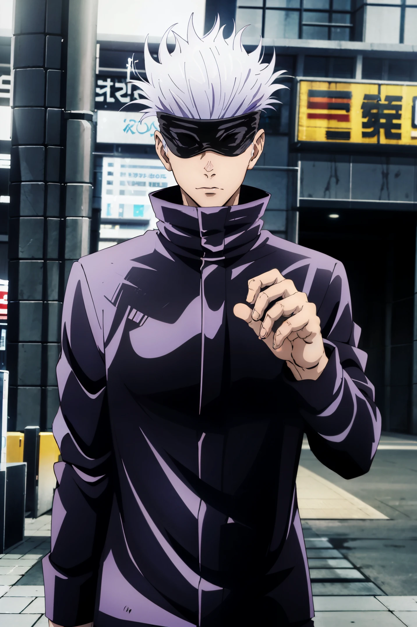 best quality, ultra high res, Gojo Satoru, Jujutsu Kaisen, looking at viewers, standing, white hair, spiked hair, popped collar, outdoors, shibuya station, male focus, upper body, stylish_pose, hands, blindfold, covered eyes, perfect hands,