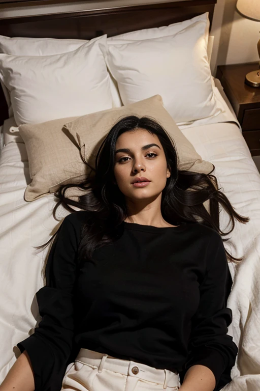 28 years old Italian model, black hairs, mujer sexy, sotto le lenzuola nel letto.