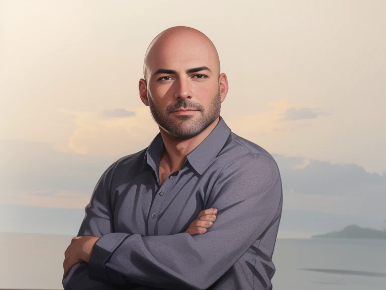 (best quality, HD, high-res:1.2), extremely detailed, realistic, photorealistic:1.37, handsome man, bald, no hair, wearing grey shirt, anime style, vibrant colors, studio lighting, sharp focus