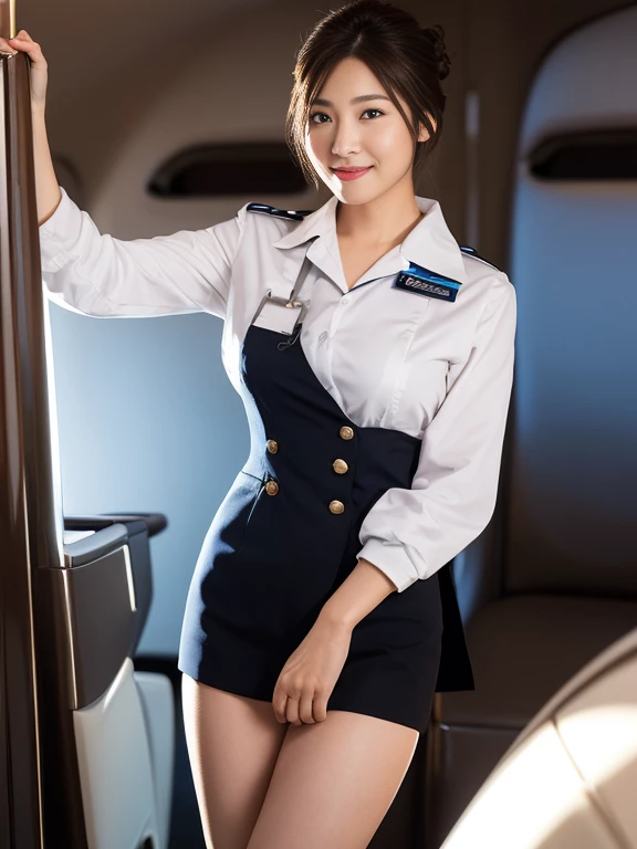 (1 Ultimate Beautiful Mature Woman), hyperdetailed face, Detailed lips, Detailed eyes, 二重まぶた, Black bob hair, (Stewardess uniform:1.2), (large full breasts), (thin-waist), (ssmile), thighs thighs thighs thighs, (Standing), Perfect fit, Perfect image realism, Background with: (On a luxury plane:1.3), (Cowboy Shot), Meticulous background, detailed costume, Perfect Lighting, Hyper-Realism, (Photorealsitic:1.4), 8K maximum resolution, (​masterpiece), Highly detailed, Professional, brown hair in a bun
INFO