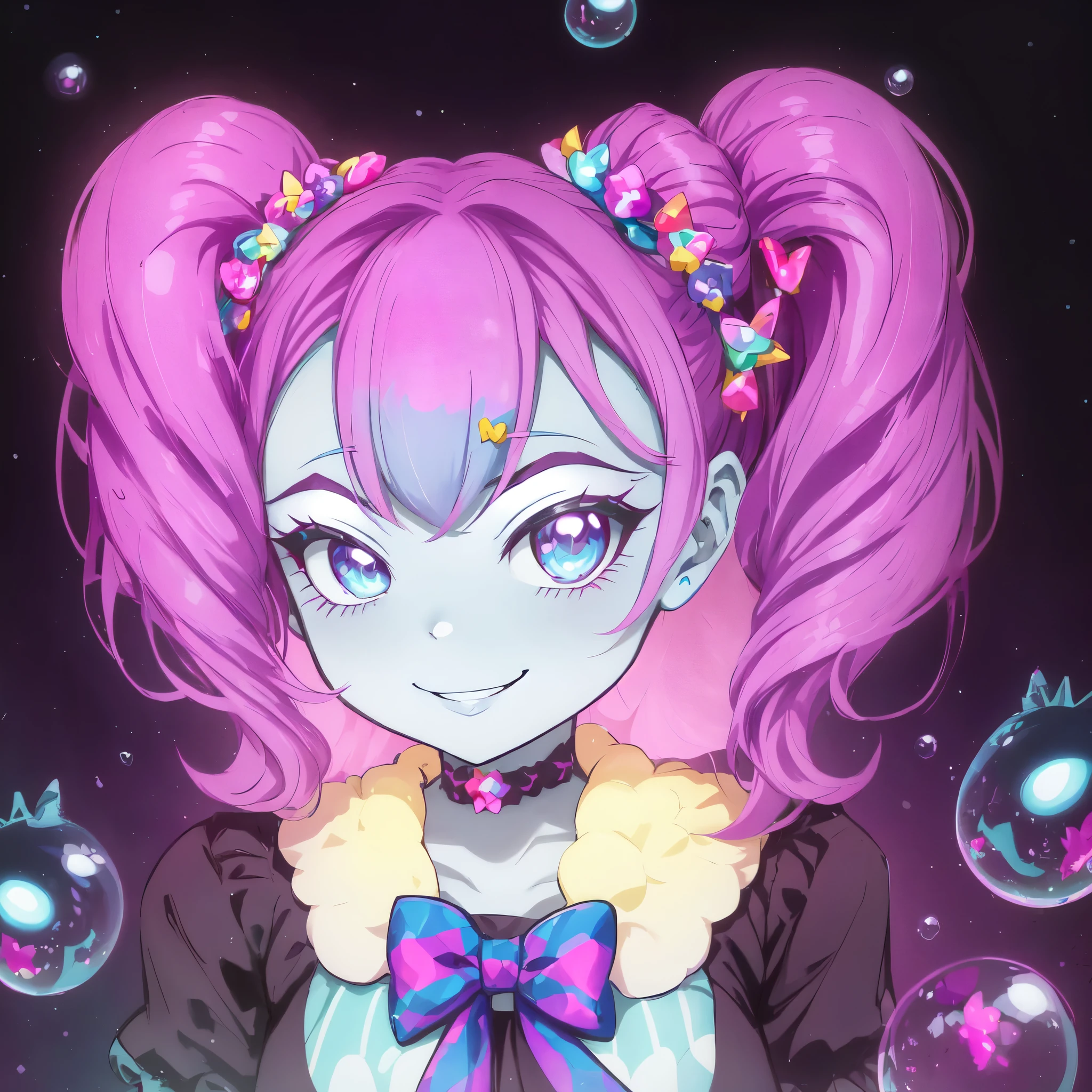 a close up of a cartoon pony with a bow on her head, bubble goth, monster high, aesthetic cute with flutter, alien princess, nefarious smirk, giddy smirk, she has pale blue skin!!!, her hair is in a pony tail, yami kawaii, she has two ponytails, amy sol in the style of, ever after high