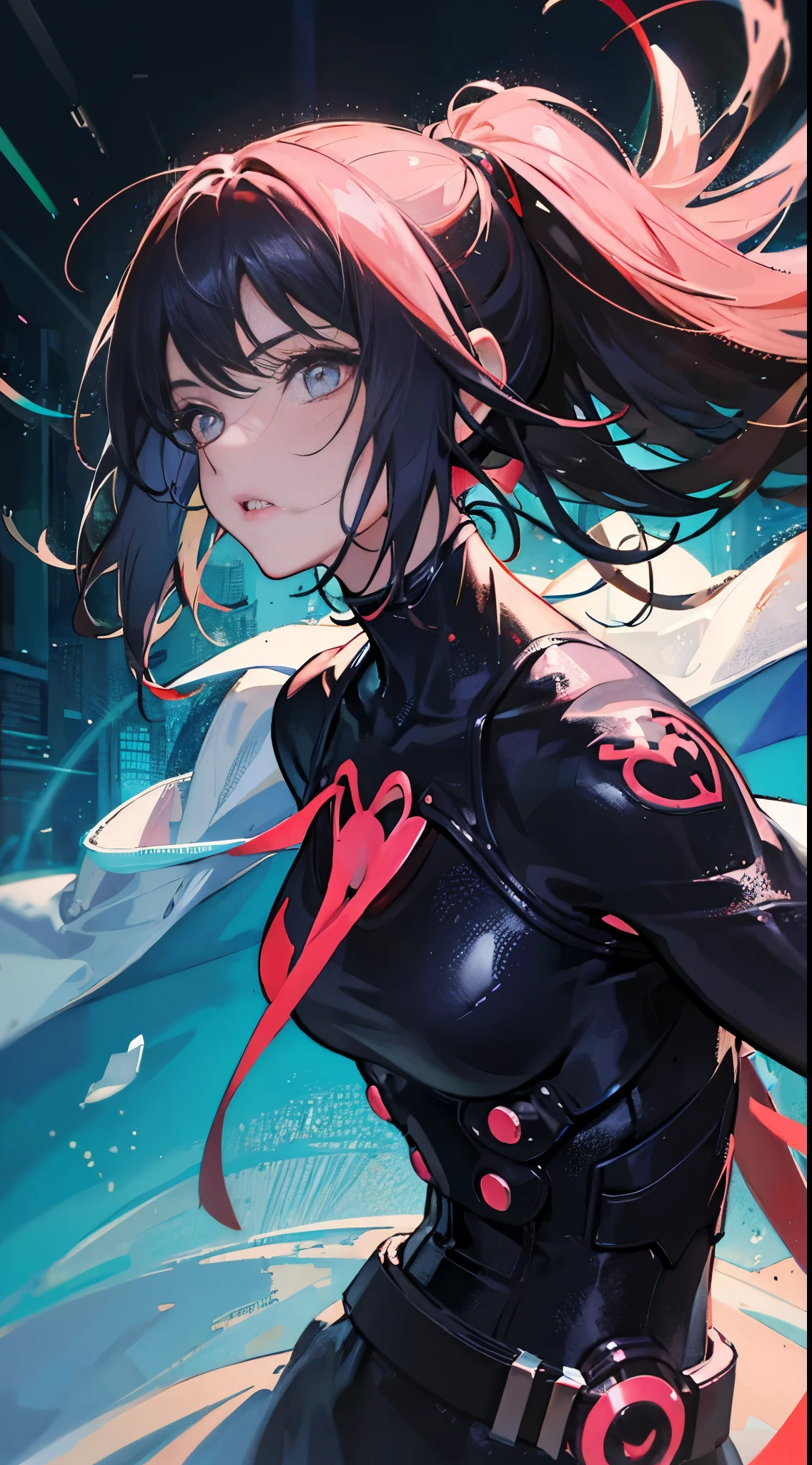 1 Girl, 29 years old muscular woman, detailed facial expressions, face like a model, colorful body conscious, small dress, too small to fit, absurd, various poses, curvaceous, digital illustration, cyberpunk, perfect ???????, Close to Center, Close to Perfect, Dynamic, Highly Detailed, Watercolor Effect, Concept Art, Smooth and Sharp Focus, Illustration, Art,