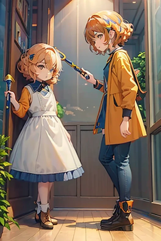 (masterpiece), best quality, expressive eyes, perfect face, 1girl, small lady, very curly hair, short hair, orange hair, orange eyes, young body, , Orange Jacket & Jeans, Holding a Magical Wand Chain Whip, combat boots, side view, full body