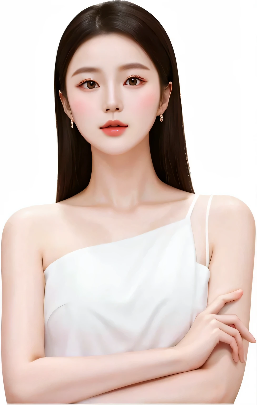 German woman in white dress posing with arms crossed, Di Li Gerba, Milky skin, sha xi, gongbi, Pointed chin, inspired by Dai Xi, xianxia, li zixin, jia, head and shoulder shot, smooth body features, korean woman, head and shoulder shot, head and shoulder shot