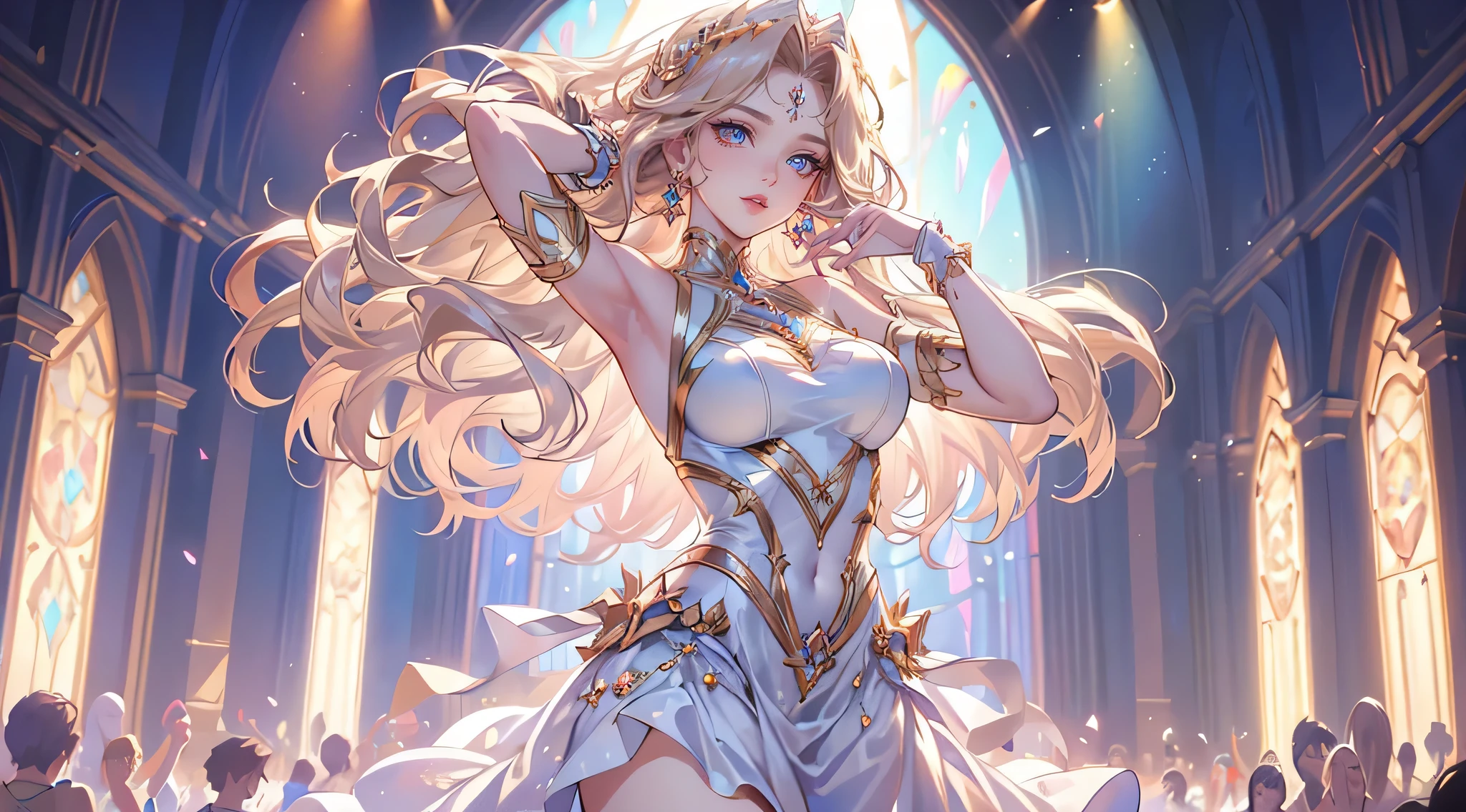finest image, sexy beautiful woman, laugh, happy, shy, amorous expression, lewd expression, ecstasy, orgasm, white glossy wavy iridescent short hair, blue sparkling big eyes, great proportion, pure white long dress with gold embroidery, background meadow on the hill, clear skies, sun and sunlight, rain and raindrops, petals, scatter white red gold and silver glitter and confetti, professional lighting
