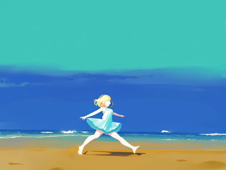 Girl dancing on the beach under a blue sky