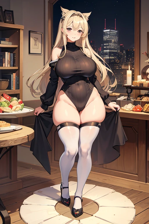 hight resolution, absurdress, hiquality, 1girl, 独奏, Count Zeppelin /(kancolle/), gray eyes, blonde hair, (large breasts:1.3), sweater, grey sweater, (pantyhouse:1.4,) Standing, warm, Dark room, slight smile, Huge ass, wide hips, bubble butt, chubby butt, SFW, At the back, SFW, round butt