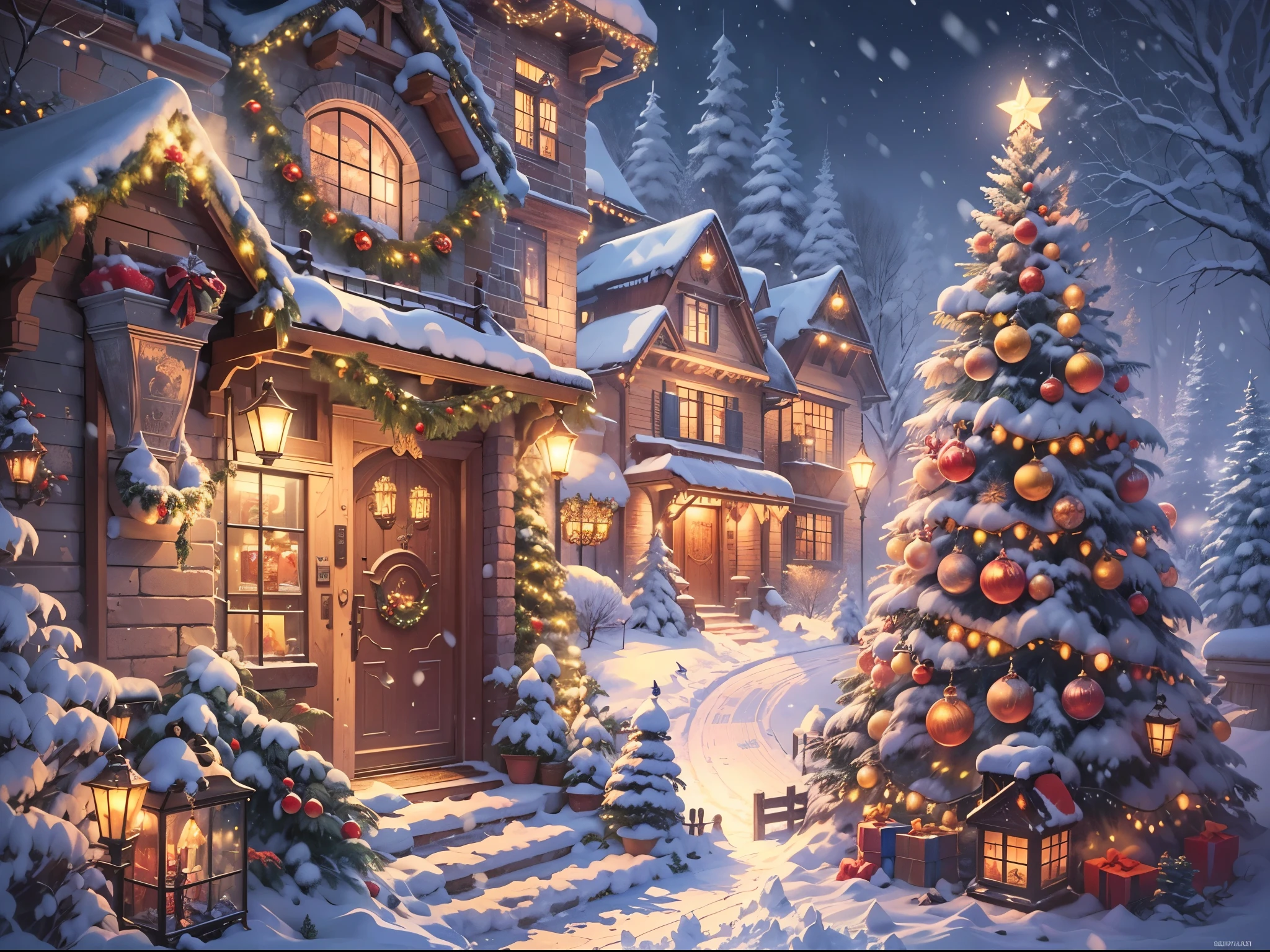 (best quality,highres), cozy home, festive Christmas atmosphere, warm lighting, beautifully decorated Christmas tree, sparkling ornaments, joyful family gathering, Christmas stockings hanging by the fireplace, flickering candles, peaceful ambiance, snowflakes falling outside