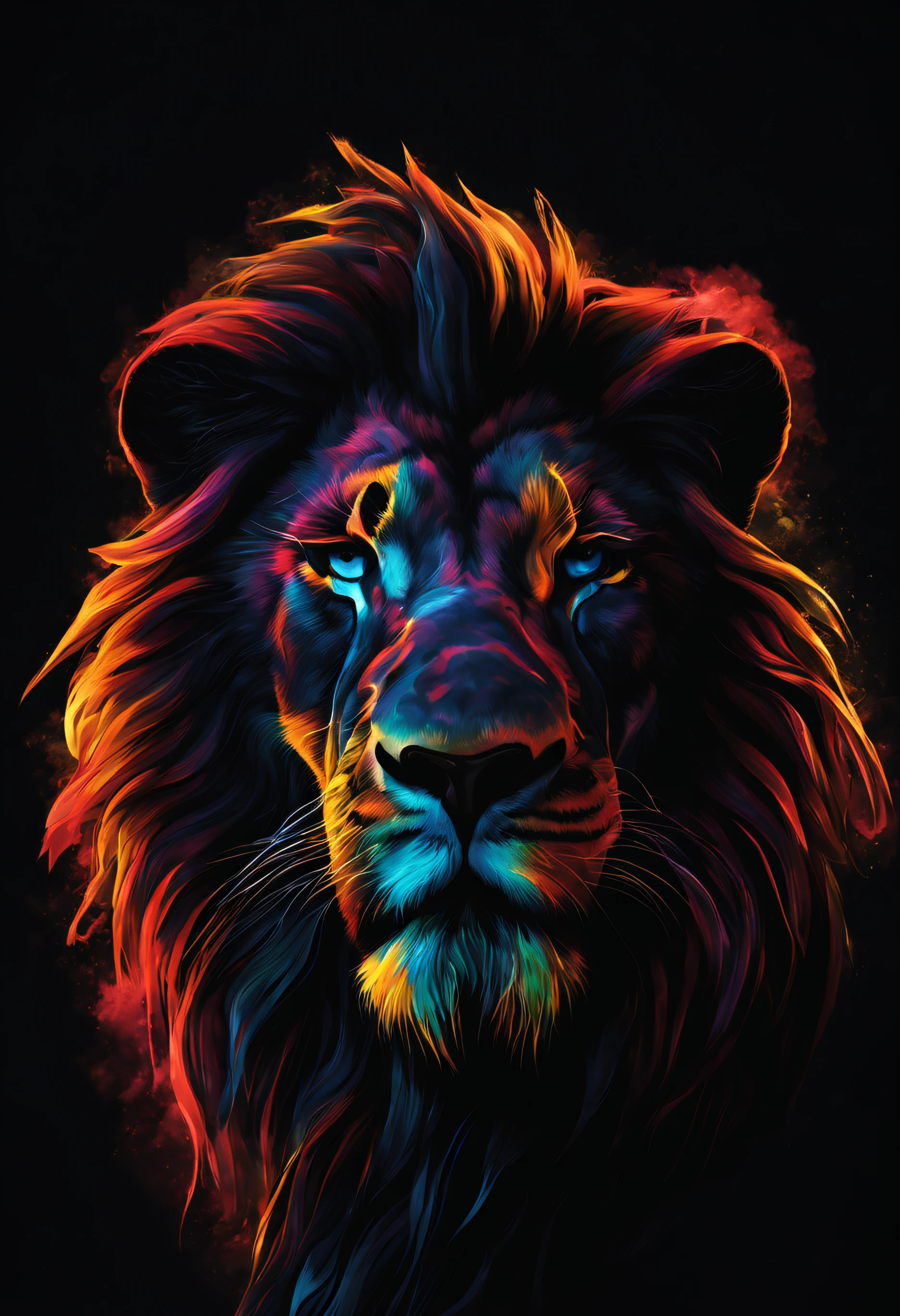 lion king half body Black full with a real of colors and smoke effects,HD,4K,, dark fantasy, typography, painting