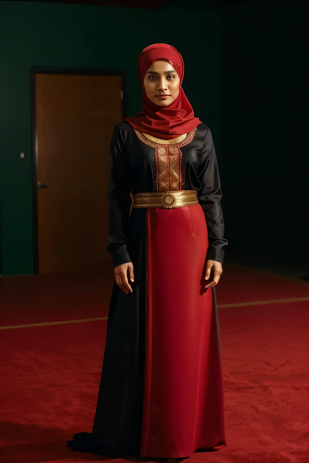 (aperture 1.8),(35mm lens),(red cinema 6k komodo camera) 25 year muslim woman wearing hijab speaking to the camera, brown charming eye, full body image,(islamic dress),(black dress),(not revealing cloth),(aesthetic background),full body image