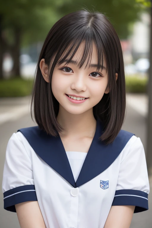 masutepiece, Best Quality, 8K, , , Raw photo, absurderes, award winning portrait, Smile, Smile, Solo, during daytime, Idol face, violaceaess, Delicate girl, Upper body, Digital SLR, Looking at Viewer, Candid, Sophisticated, zora々Right, Thin arms, Professional Lighting, Film grain, chromatic abberation, (Eyes and faces with detailed:1.0), (Bokeh:1.1), (hyper pretty face:1.2)、(美丽的面容:1.2),　Beautie、Japan High School Girl Traditional Uniform、(White short sleeve sailor uniform:1.2), A dark-haired、Middle straight hair、bangss、(japanes)、Shorthair、