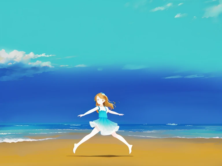 A girl dancing on the beach under a blue sky