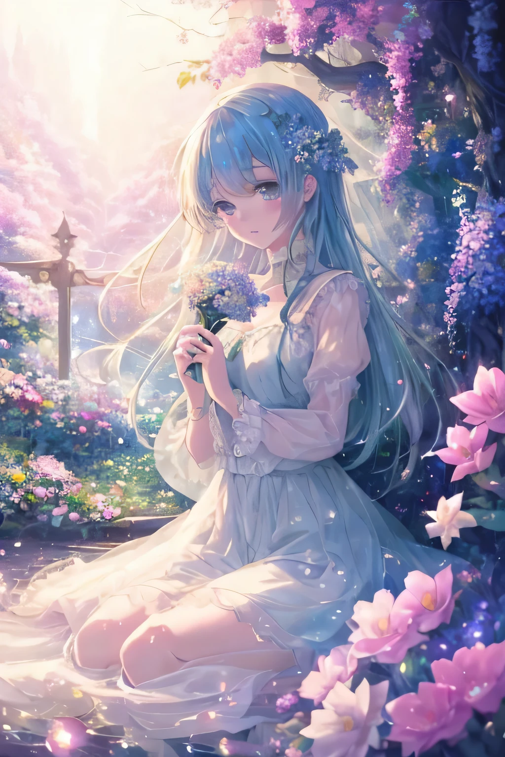 (High quality, 8K), (Soft light), Rainbow Color, One girl, Detailed face, Detailed eyes, Watercolor paiting, very magical and dreamy, dreamy and detailed, dreamy ambianceとドラマ, Gorgeous atmosphere, Beautiful dreamy lighting, dreamy ambiance, Beautiful atmosphere, Dreamy Romantic, Ethereal dreamy theme, Magical atmosphere, Beautiful atmosphere, Anime Background Art, Magical atmosphere + masutepiece, dreamy aesthetic, Beautiful details with atmosphere, Many flowers, Bubble, Water, Flower Garden, shit on the ground