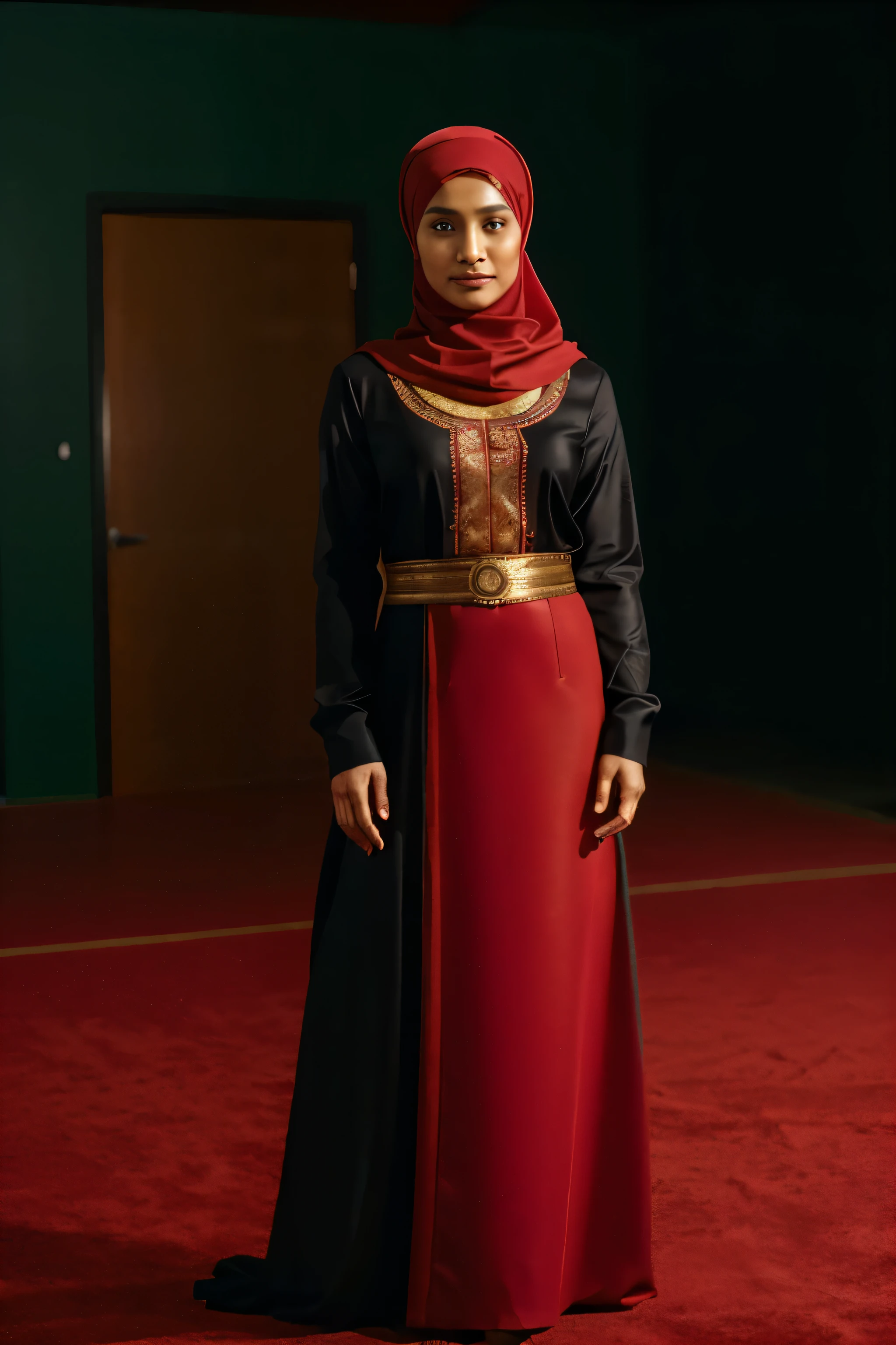 (aperture 1.8),(35mm lens),(red cinema 6k komodo camera) 25 year muslim woman wearing hijab speaking to the camera, brown charming eye, full body image,(islamic dress),(black dress),(not revealing cloth),(aesthetic background),full body image