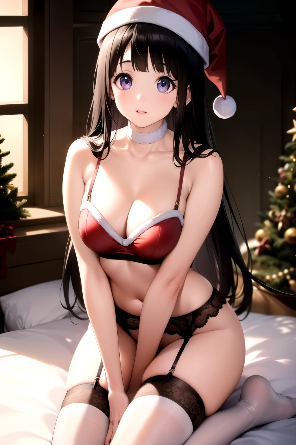 (A superb exquisite Chitanda Eru), ( face), purple eyes, long black hair, natural straight hair, straight bangs, solo, [Small_breaste_breasts: 0.5]l breasts, (santa hat,mas tree, red lingerie, garter belt), extremely delicate, peerless beautiful girl, dreamy quality, exaggerated facial features, solid color, delicate face, bright lips, slender waist, straight curves, soft real light and shadow, super fine, 8K HD, (masterpiece:1.4), (finely detailed beautiful eyes: 1.2)