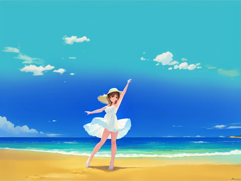 A girl with a pretty face dancing on the beach under a blue sky