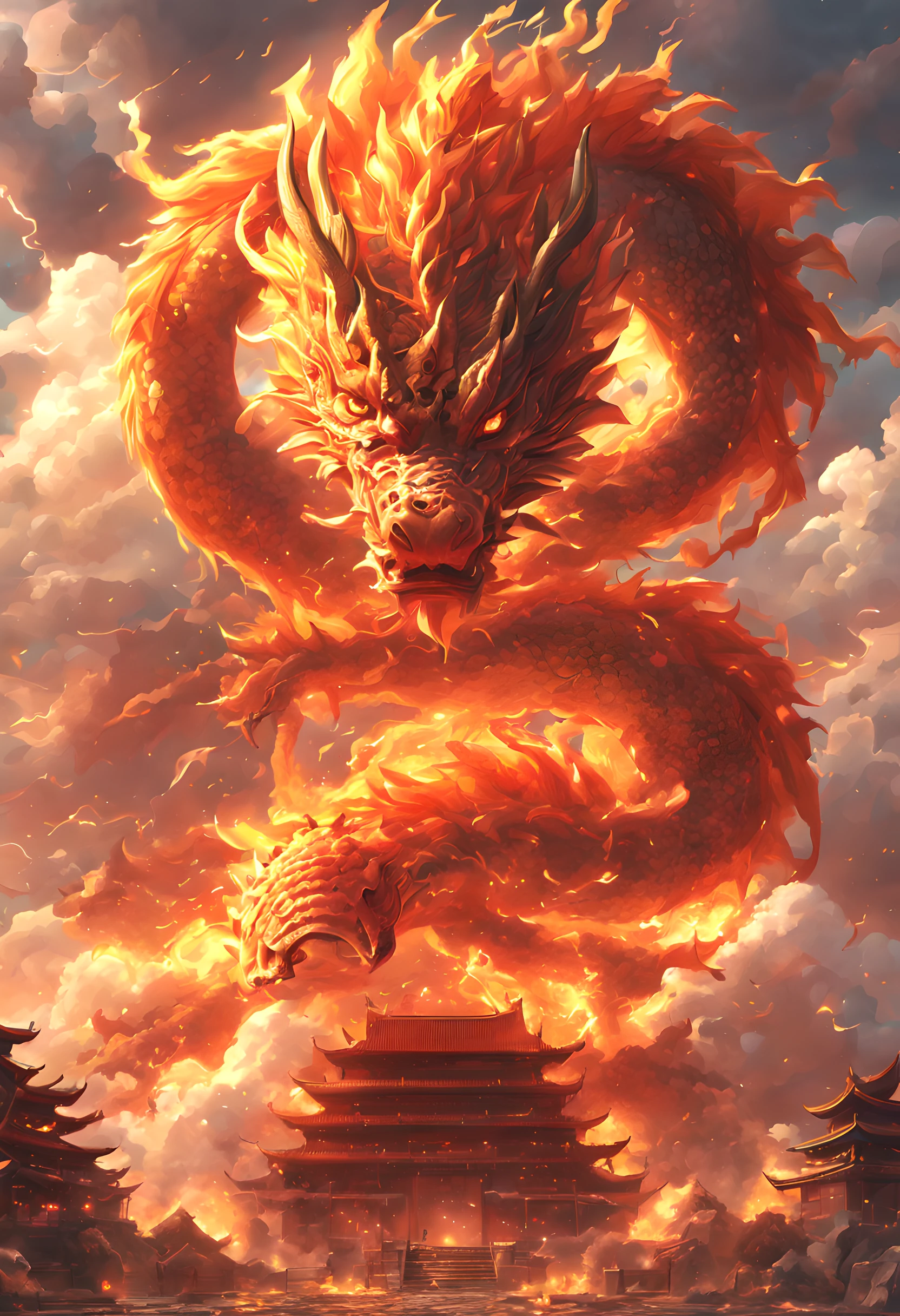 in a fantasy world, chinese traditional architecture, A fire dragon, ​​clouds, suns, Skysky, mont, raiden, (Best quality at best, 4K, A high resolution, tmasterpiece:1.2), ultra - detailed, (actual:1.37), vivd colour, bokeh, Vivid lighting.