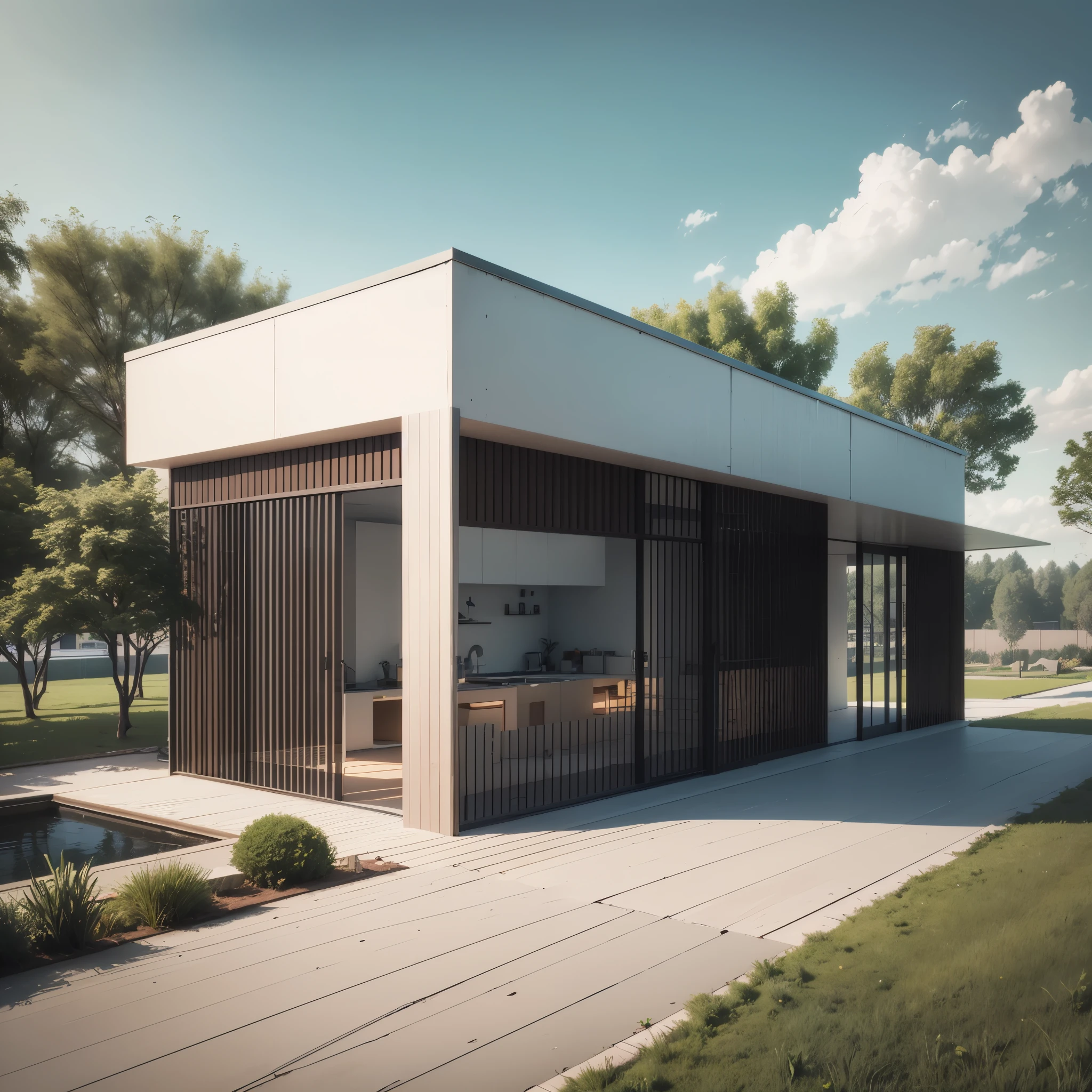 Graphic, 3D Render vRay, minimalist  house facade,mini garden, car port,  Scandinavian style, based on futuristic architecture --auto --s2