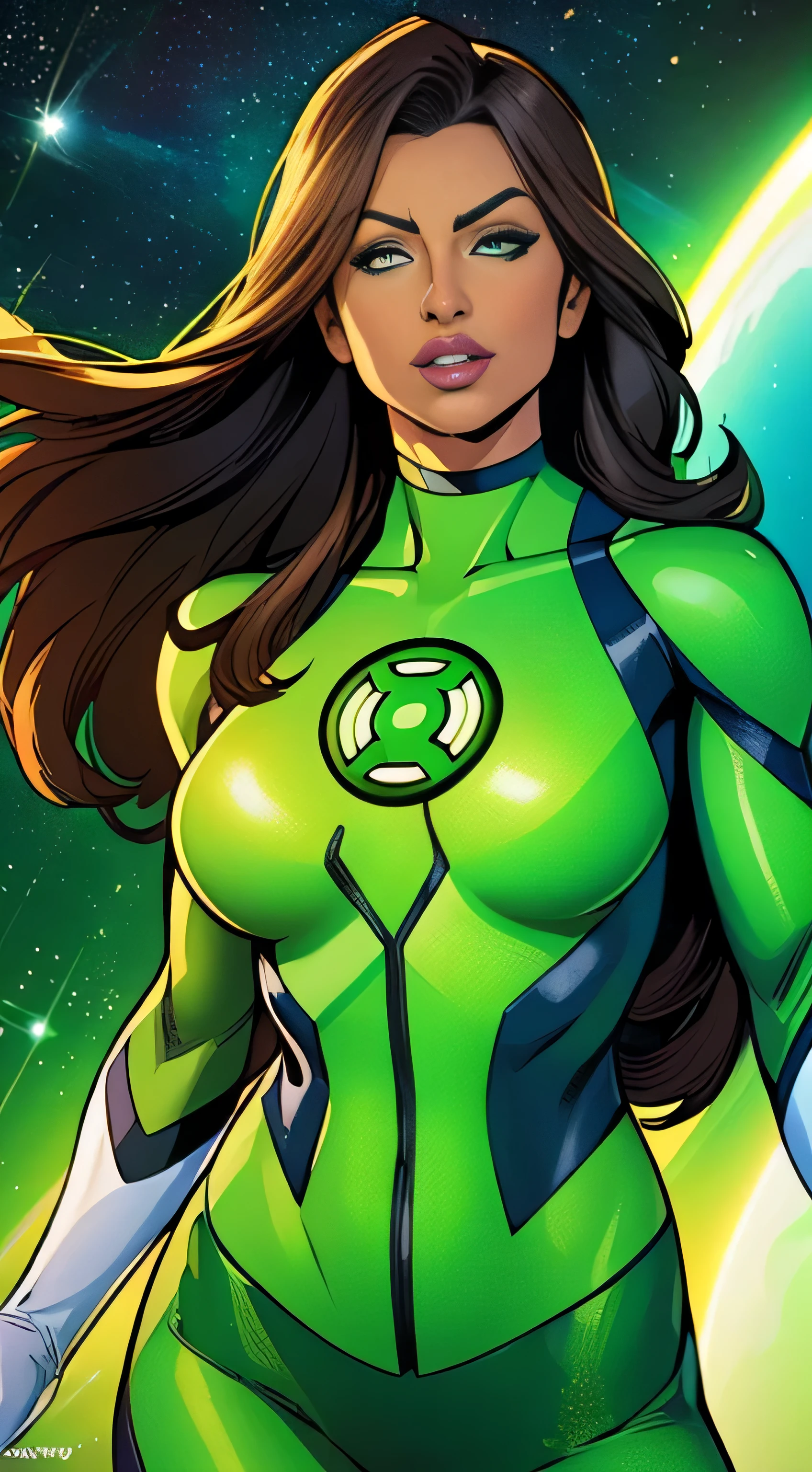 ( Masterpiece, 4k resolution, ultra-realistic, very detailed) Sexy Green lantern Jessica cruz  cosmic super heroine ) photography by artgerm, in the style of realism, glistening skin, cartooncore, mangacore, natural lighting, Defined full lips. Muscular fitness feminine body (In space)