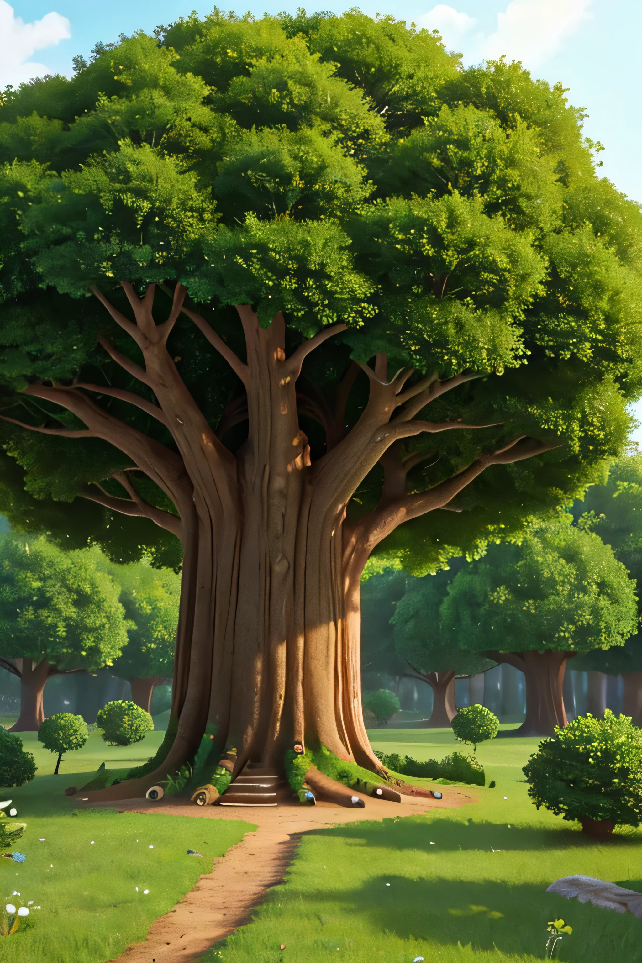 Imagine uma cena de uma floresta encantada, onde um imponente carvalho se destaca no centro. Este carvalho deve ser grandioso, com tronco gigante e marcado pelo passar dos anos. Em torno deste carvalho, adicione pequenos roedores brincando com entusiasmo. nas filiais, insert colorful birds interacting with the environment. A imagem deveria transmitir a magnitude e a vida ativa em torno deste carvalho na floresta encantada.