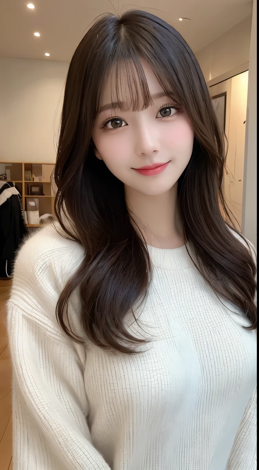 masutepiece, Best Quality, Illustration, Ultra-detailed, finely detail, hight resolution, 8K Wallpaper, Perfect dynamic composition, Beautiful detailed eyes, fluffy winter clothes,Medium Hair,small tits,Natural Color Lip, Bold sexy poses,Smile,Home()a room、20 years girl、Cute、Sexy shot looking at camera