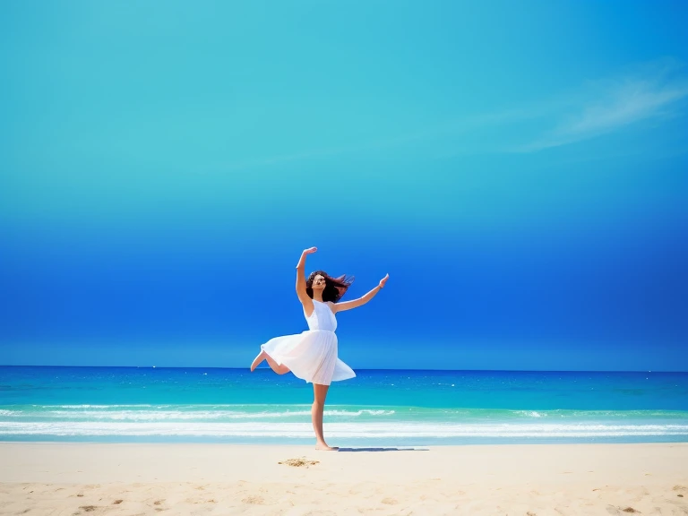 A girl with a pretty face dancing happily on the beach under a blue sky