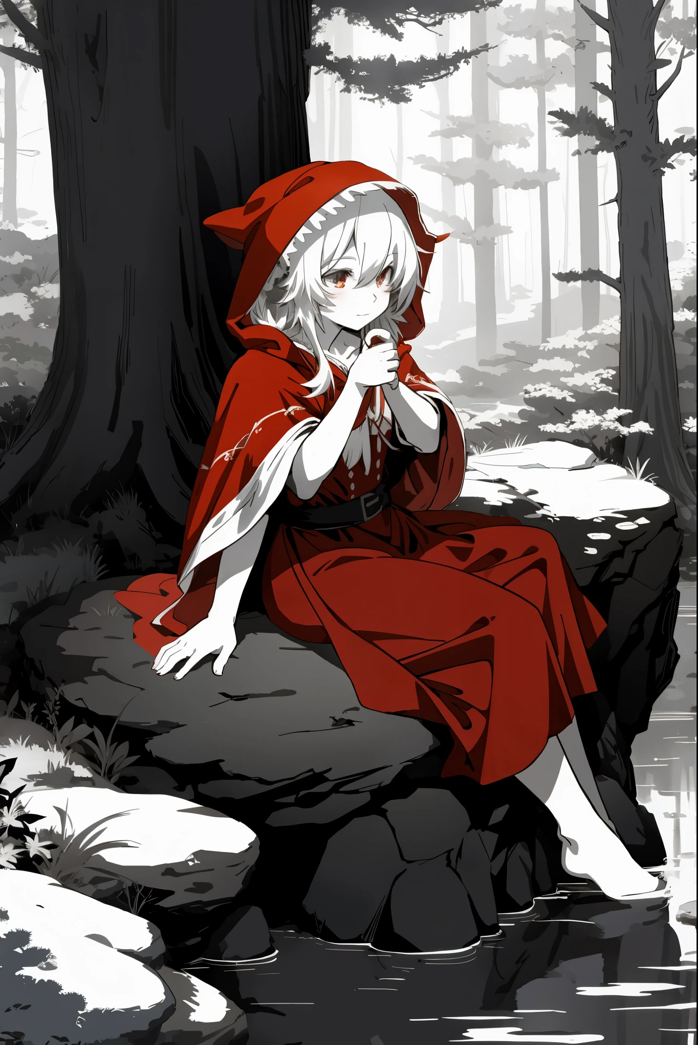 top quality, best quality, highres, unparalleled masterpiece, perfect artwork, paid reward available, anime girl in red riding hood sitting on rock in forest, an anime drawing by Shitao, pixiv, fantasy art, grayscale phtoto with red dress, red riding hood, dressed in a beautiful red cloak, little red riding hood, thief red riding hood, beautiful anime art style, high quality anime art, high quality anime artstyle, at pixiv, monochrome,