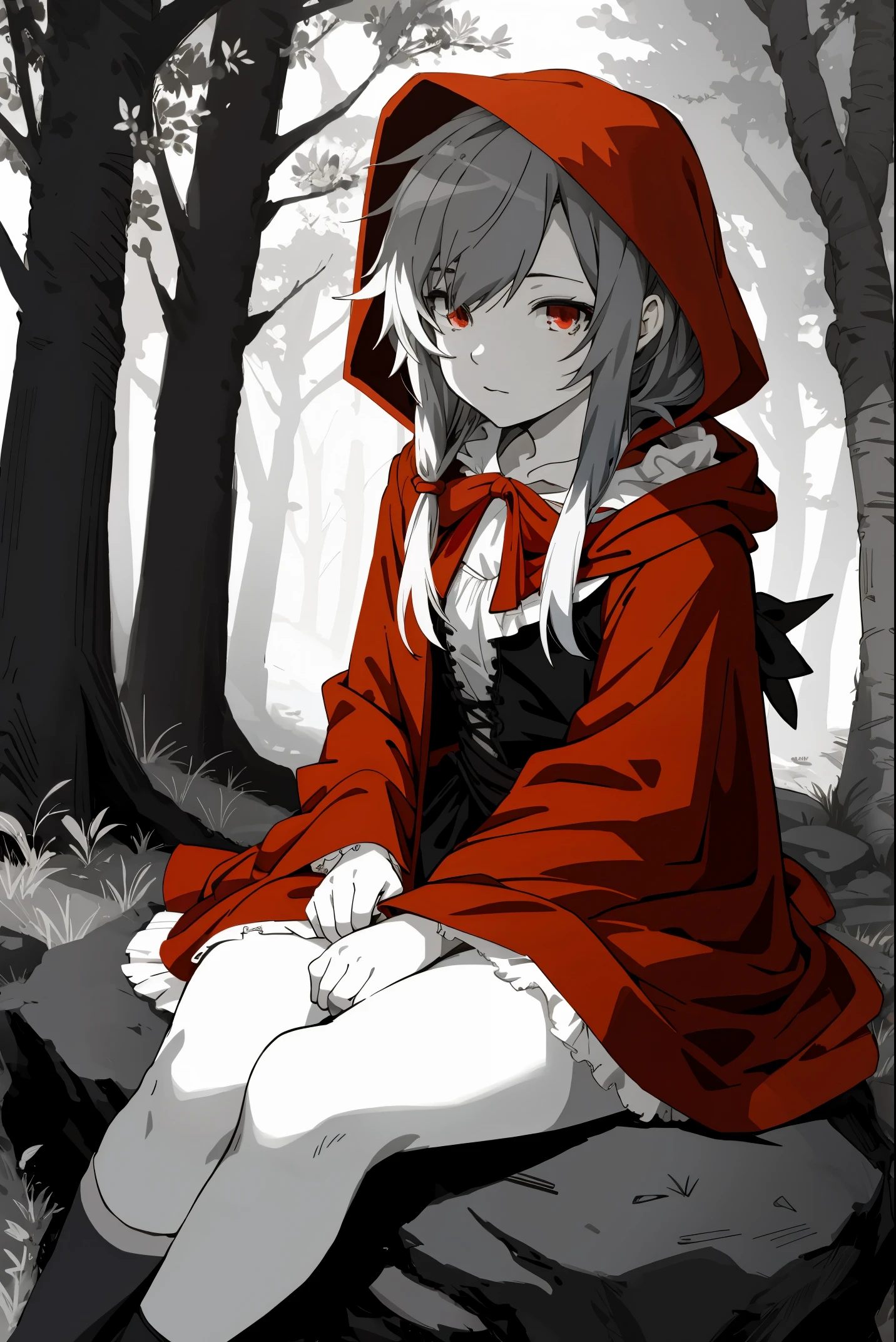 top quality, best quality, highres, unparalleled masterpiece, perfect artwork, paid reward available, anime girl in red riding hood sitting on rock in forest, an anime drawing by Shitao, pixiv, fantasy art, grayscale phtoto with red dress, red riding hood, dressed in a beautiful red cloak, little red riding hood, thief red riding hood, beautiful anime art style, high quality anime art, high quality anime artstyle, at pixiv, monochrome,