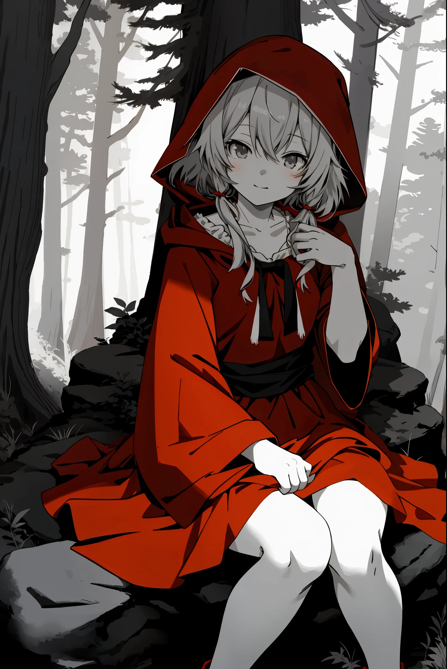 top quality, best quality, highres, unparalleled masterpiece, perfect artwork, paid reward available, anime girl in red riding hood sitting on rock in forest, an anime drawing by Shitao, pixiv, fantasy art, grayscale phtoto with red dress, red riding hood, dressed in a beautiful red cloak, little red riding hood, thief red riding hood, beautiful anime art style, high quality anime art, high quality anime artstyle, at pixiv, monochrome,