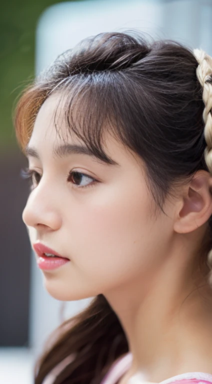 Masterpiece, Best Quality, 1girls, profile, ponytail, updo hair, nape of neck, pink lips, slightly upturned nose, long eyelashes, realistic skin texture, attractive face, blurred, white background