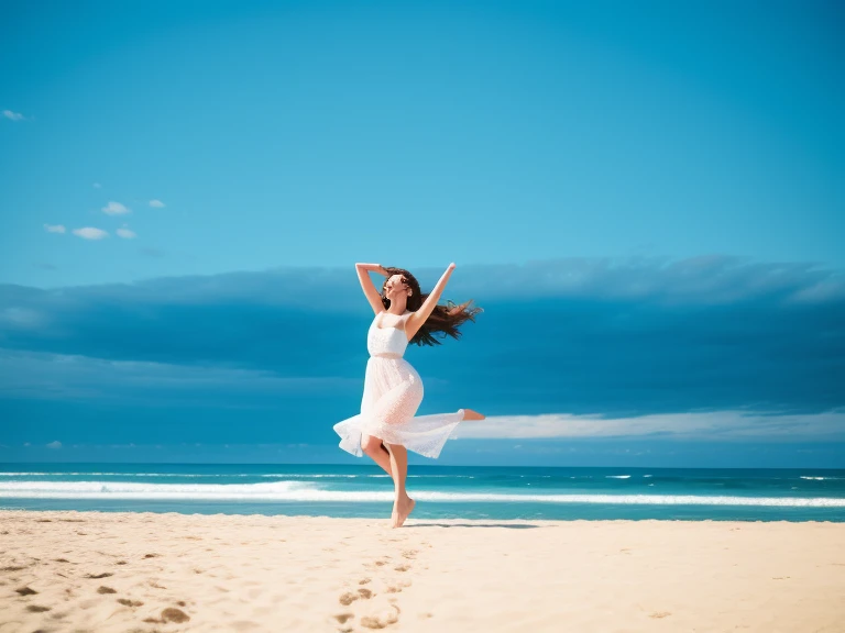 A beautiful girl with a pretty face dancing happily on the beach under a blue sky, HD, detailed, cinematic lighting,