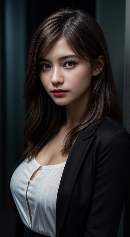 Top Quality, Masterpiece, 1 Girl, Beautiful Face, (Photorealistic Photos:1.3), Rim Lighting, (High Detail Skin:1.2), 8K UHD, DSLR, High Quality, High Definition, 4K, 8K, Bokeh, (Real: 1.3), Black Formal Blazer, Middle Breast, Short Skirt,Office