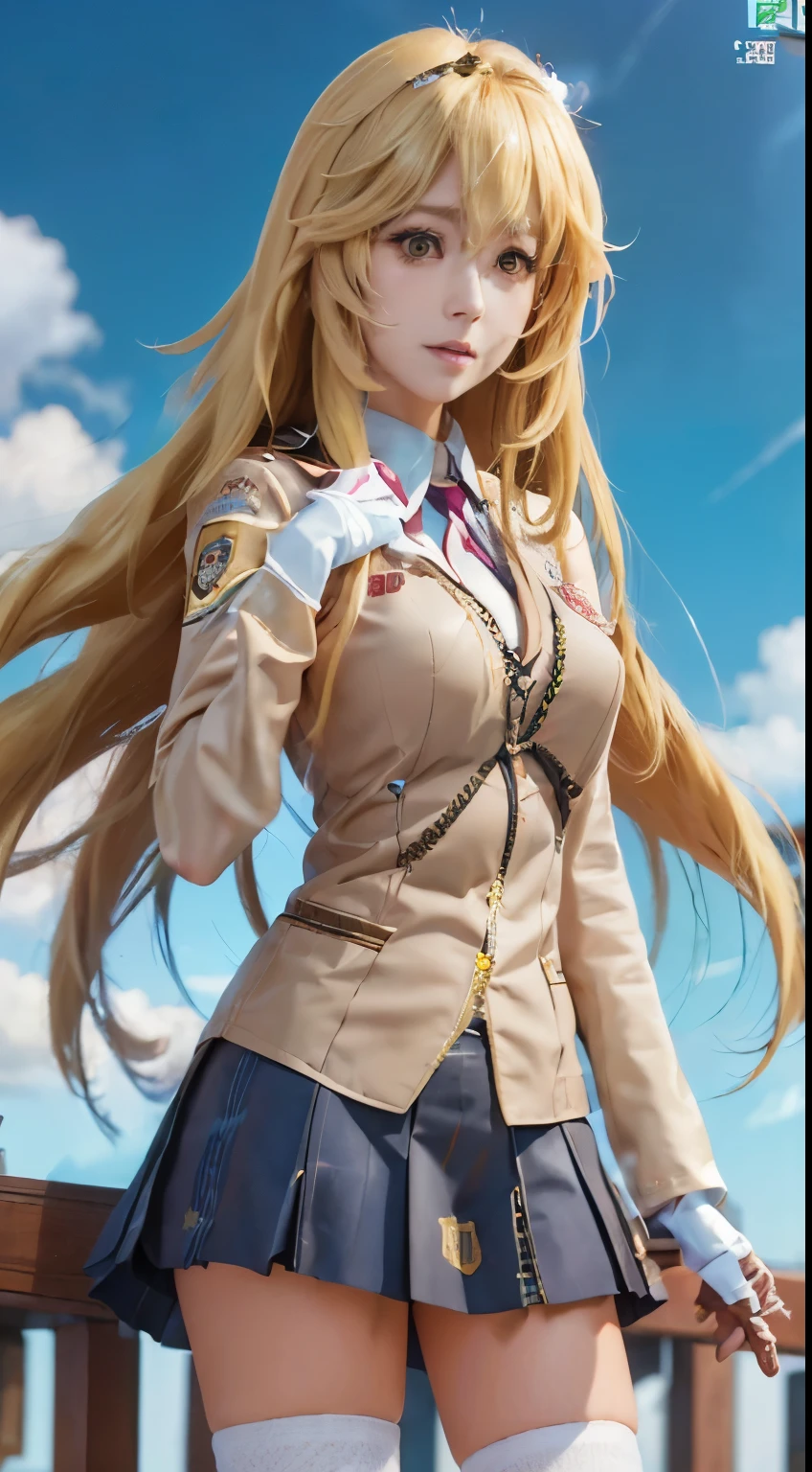 anime girl with long blonde hair and a tan jacket, blonde anime girl with long hair, beautiful anime high school girl, fine details. girls frontline, cushart krenz key art feminine, kantai collection style, anime visual of a cute girl, smooth anime cg art, anime girl with long hair, light novel cover art, marin kitagawa fanart, from girls frontline，Bee-eater prayer，Long blonde hair，long whitr hair，金黄有光泽度long whitr hair，JK school uniform