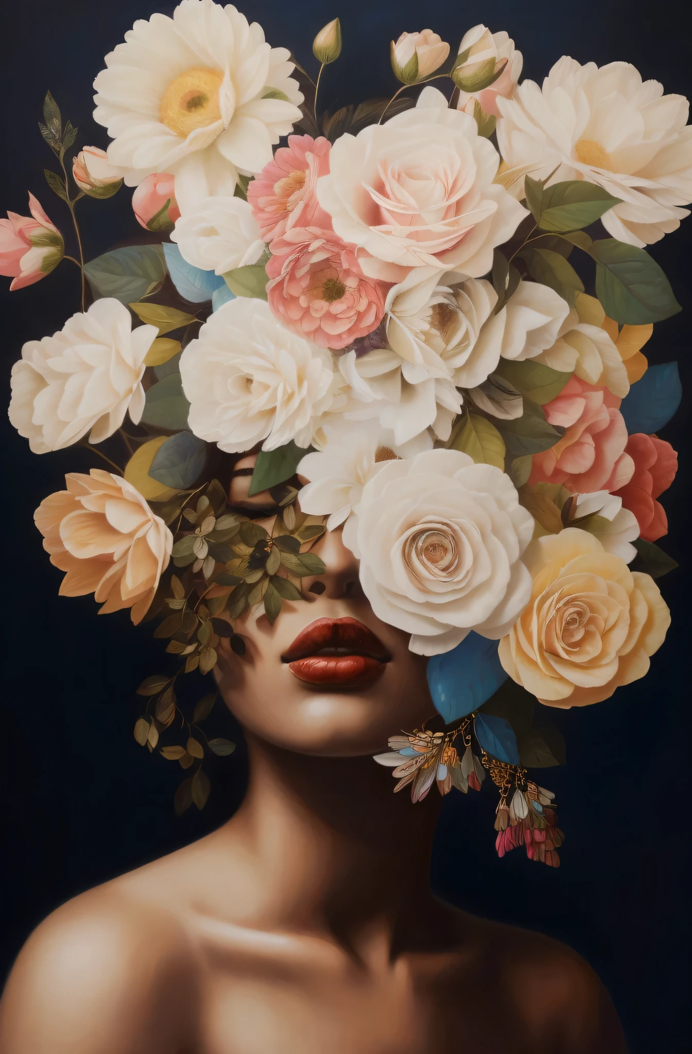 painting of a woman with flowers on her head, inspired by Sandra Chevrier, woman in flowers, flower storm portrait, made of flowers, girl with a flower face, flower face, flower queen, turban of flowers, female portrait with flowers, beautiful surreal portrait, by Paul Davis, girl with a flower head, by Lee Gatch, flower head