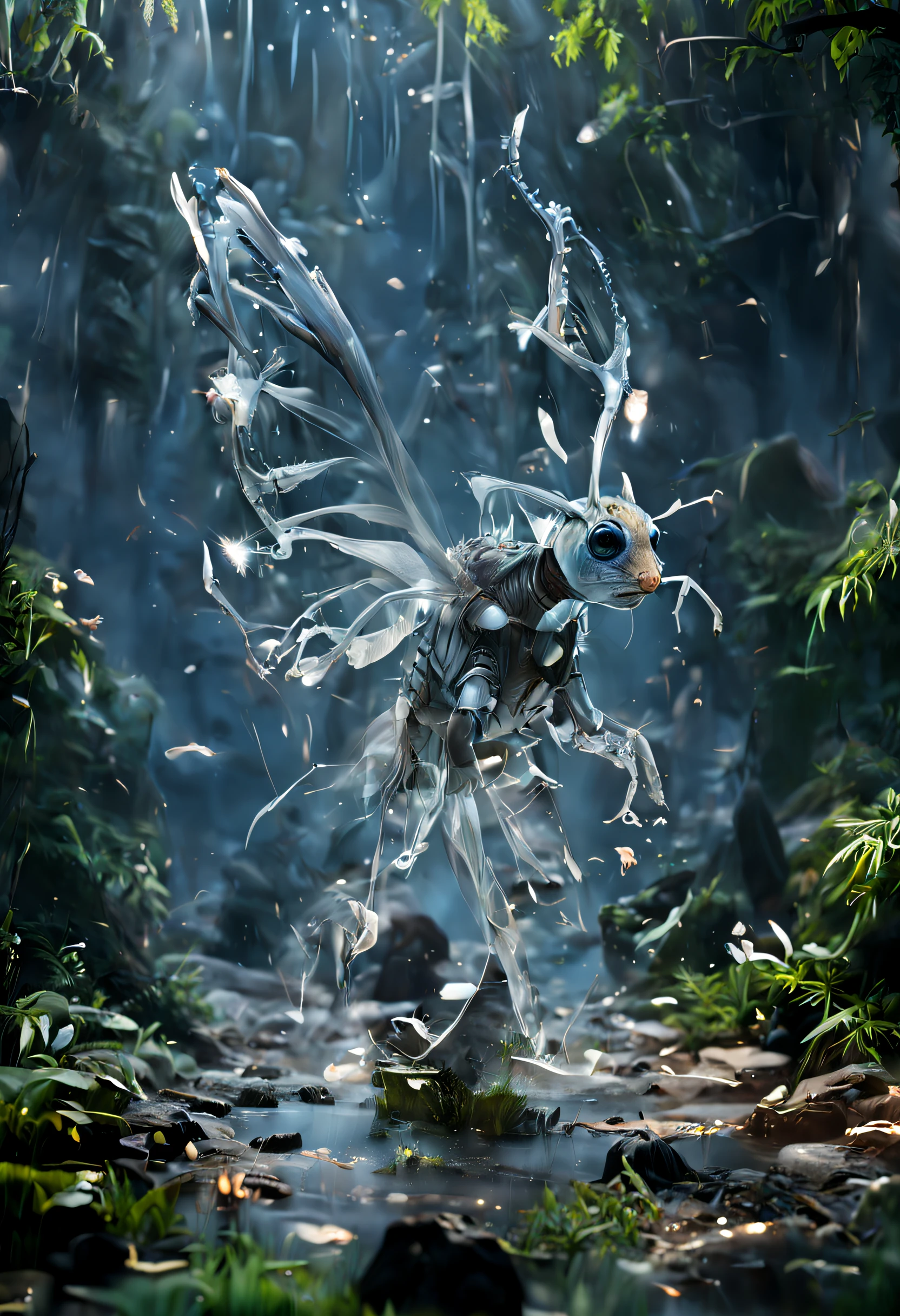 half aquatic creatures half insect Fantasy Creatures, kawaii, in the rainforest, Transparent fins, glow, Fantasy Creatures, 4 legs, Realistic look, One letter, high image quality, hyperrealism, volumetric light, sharp:1.5, Fujifilm XT3