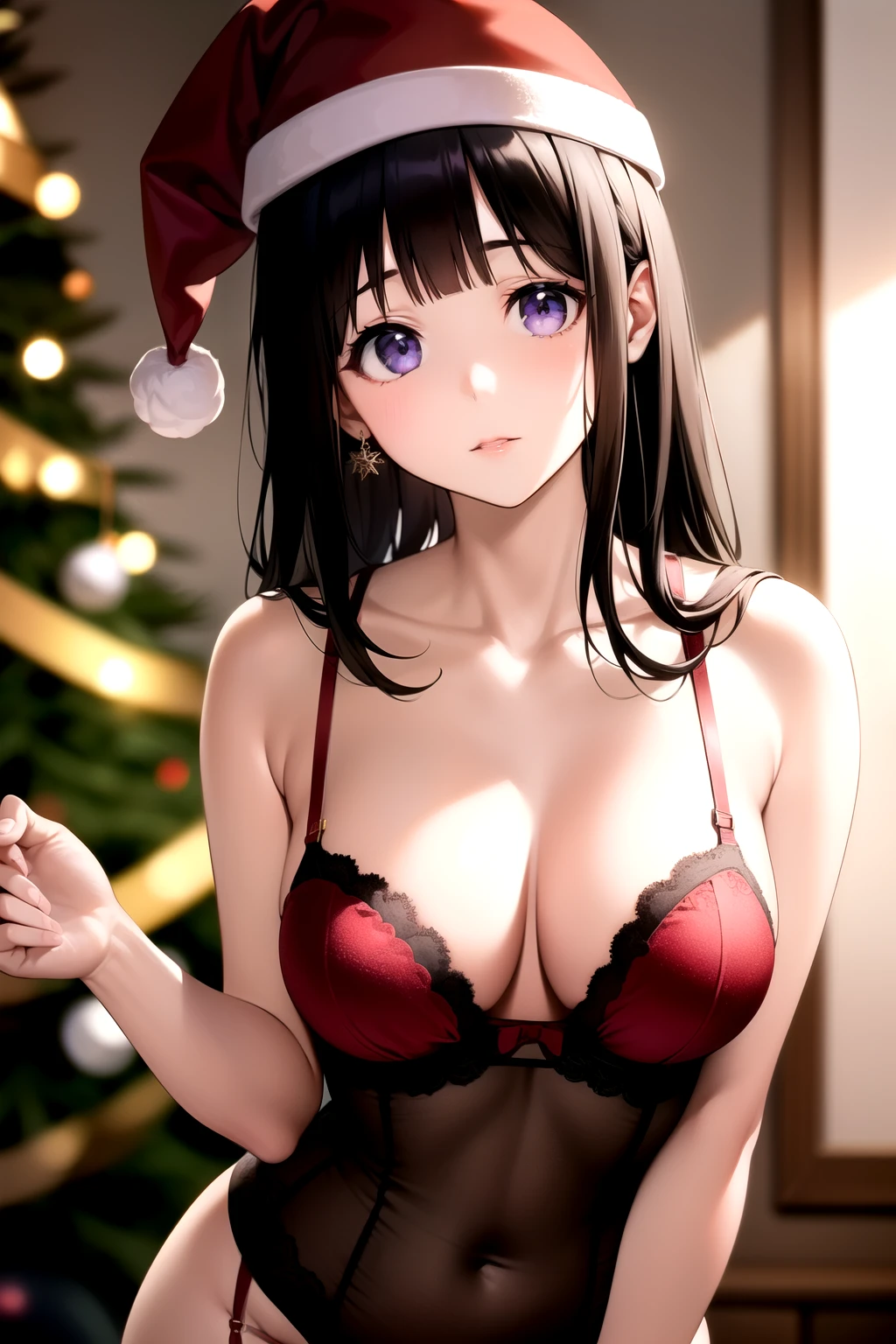 (A superb exquisite Chitanda Eru), (mature face), purple eyes, long black hair, natural straight hair, straight bangs, solo, [Small_breasts: large_breasts: 0.5], normal breasts, (santa hat, christmas tree, red and white lingerie, garter belt), extremely delicate, peerless beautiful girl, dreamy quality, exaggerated facial features, solid color, delicate face, bright lips, slender waist, straight curves, soft lights and shadows, super fine, 8K HD, (masterpiece:1.4), (finely detailed beautiful eyes: 1.2)