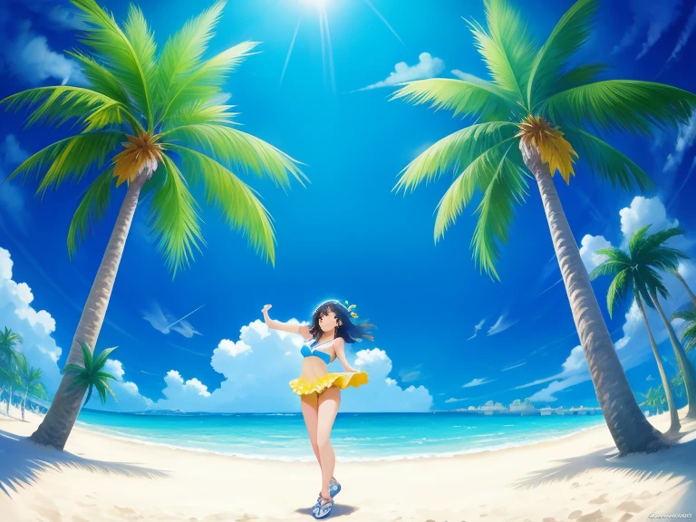 A girl dancing on the beach under a blue sky between 2 palm trees, anime, detailed, stunning artwork