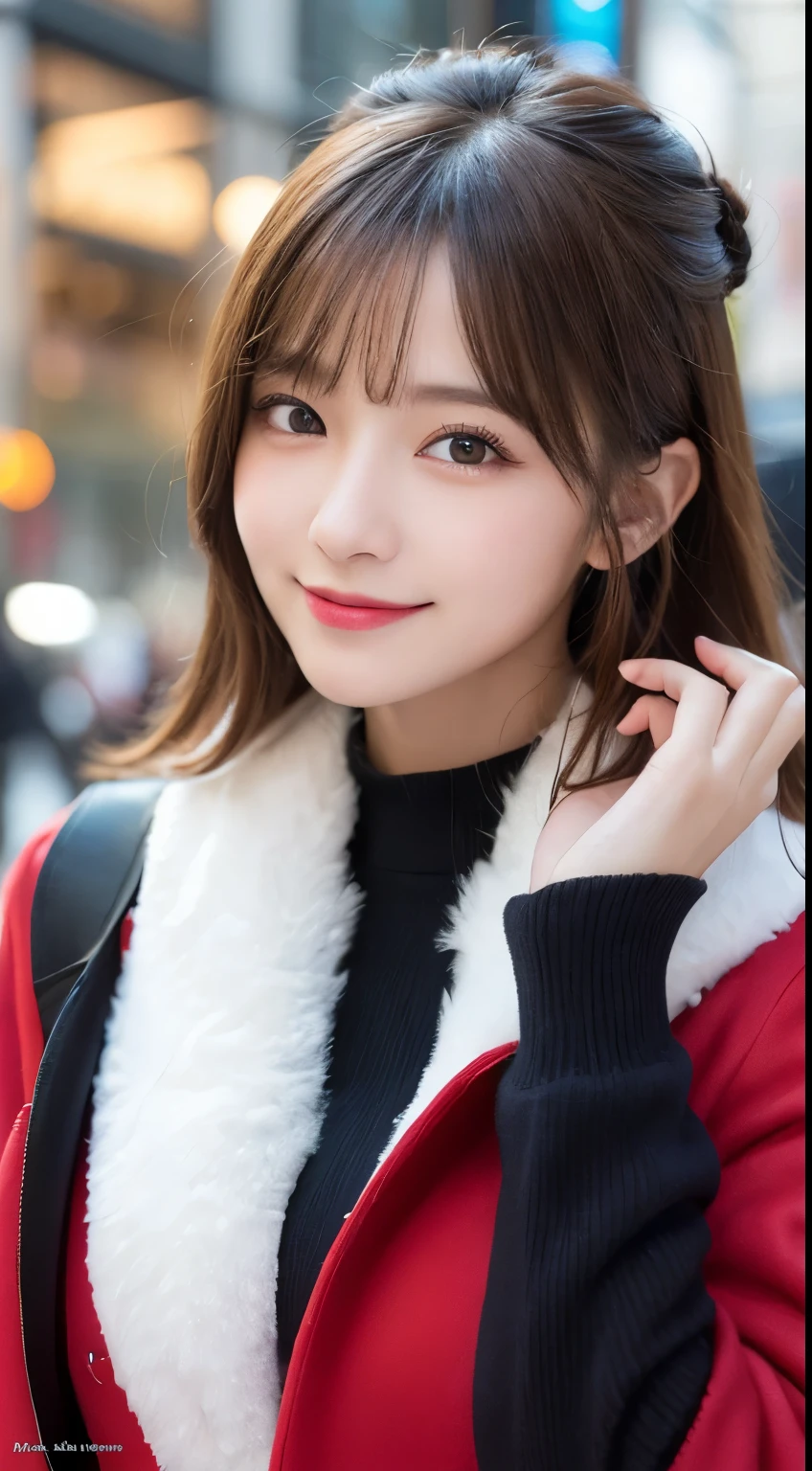 masutepiece, Best Quality, Illustration, Ultra-detailed, finely detail, hight resolution, 8K Wallpaper, Perfect dynamic composition, Beautiful detailed eyes, Women's fashion fluffy winter clothes,Medium Hair,Small breasts natural color lip, Bold sexy poses,Smile,Harajuku、20 years girl、Cute、Sexy shot looking at camera