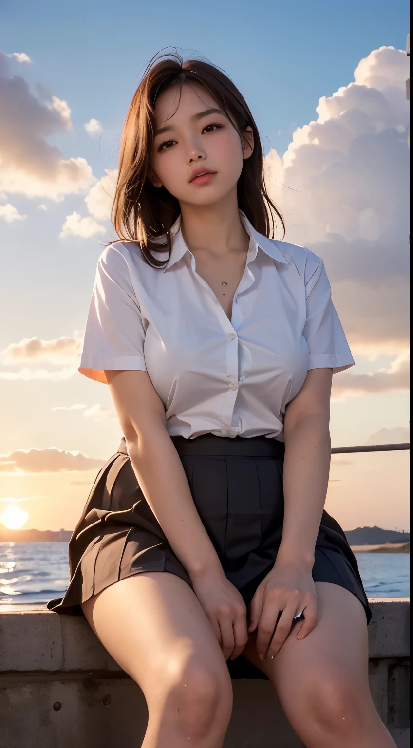 of the highest quality, High Definition, 16 K, Detailed background, (from below:1.4)
slender high school girl sitting in the seashore, school uniform, wet clthes, Open her legs, (Plump breast:1.4), brown bob hair, beautiful brown eyes , blushed face, Looking at the viewer, sweat,
Sunset, beautiful orange sky and clouds,
