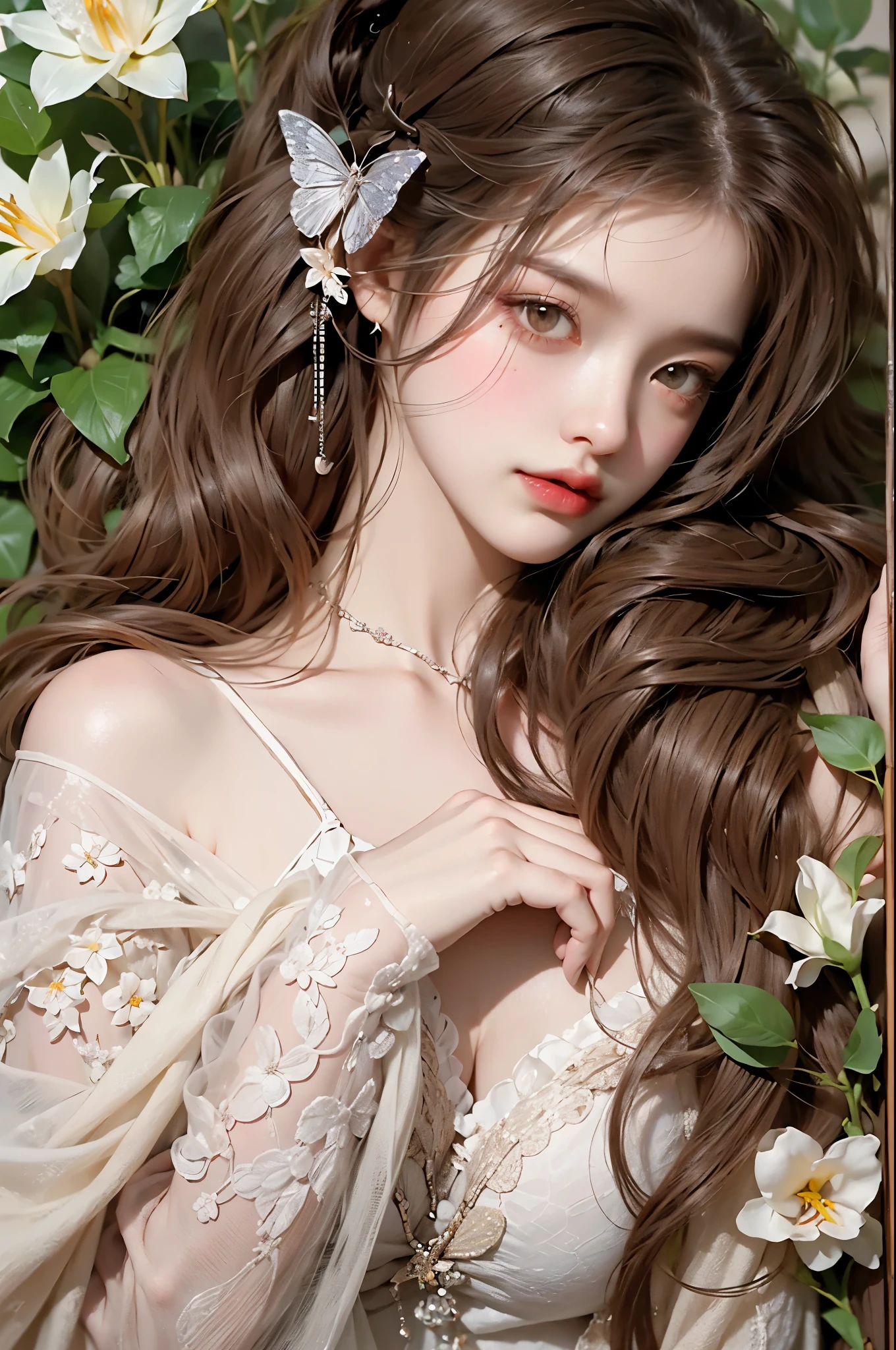 summer4, One hand resting on his lips、周围头发有白butterflys兰，Lilac dendrobium、orange lily、white lilies、1 girl in、fully body photo、White hair、floated hair、Hazy beauty、A plump chest, Chopping, Have extremely beautiful facial features、Hairpin on the head、Lie in the flowers、Drag your chin with both hands、perfect hand、rosette、(springtime、raining day、butterflys、precipice)、 vectorial art、Chinese contemporary art、Soft lighting、intertwined scarves、looking-down