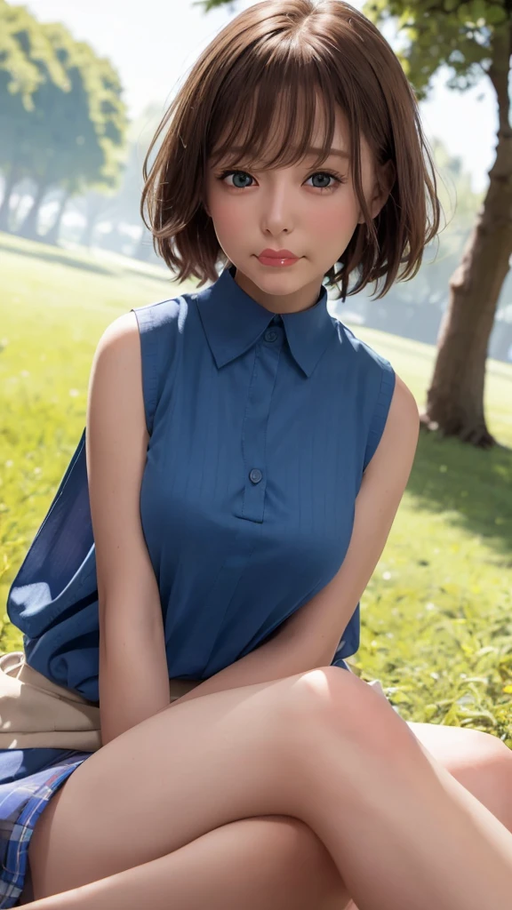 Best Quality, Photorealistic, 8K, hight resolution, fulcolor, 1girl in, Woman, 20 years old Woman, (Closed mouth:1.73), (Skindentation), (Portrait:0.6), Sweaters,long  skirt,Trees, I&#39;m sitting on the grass in the park, hugging my knees, Daylight, ((Park background:1.52)), fulcolor, ((Sleeveless Blue Shirt:1.58)), Looking at Viewer:1.8, (1girl in eyes Looking at Viewer:1.55), (Shorthair, brawn hair,