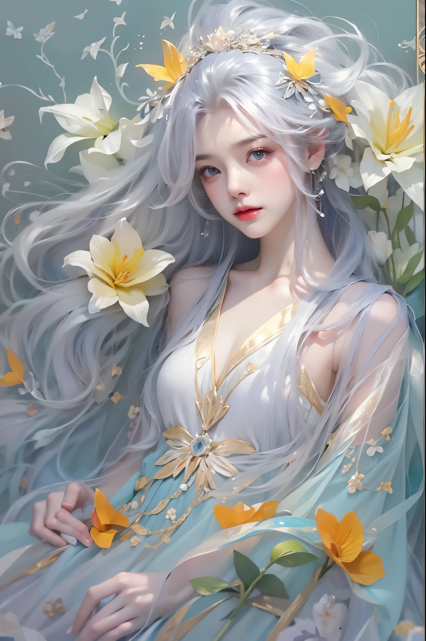 fairy dress, One hand resting on his lips、周围头发有白butterflys兰,Lilac dendrobium、orange lily、white lilies、1 girl in、fully body photo、White hair、floated hair、Hazy beauty、A plump chest, Chopping, Have extremely beautiful facial features、Hairpin on the head、Lie in the flowers、Drag your chin with both hands、perfect hand、rosette、(springtime、raining day、butterflys、precipice)、 vectorial art、Chinese contemporary art、Soft lighting、intertwined scarves、looking-down