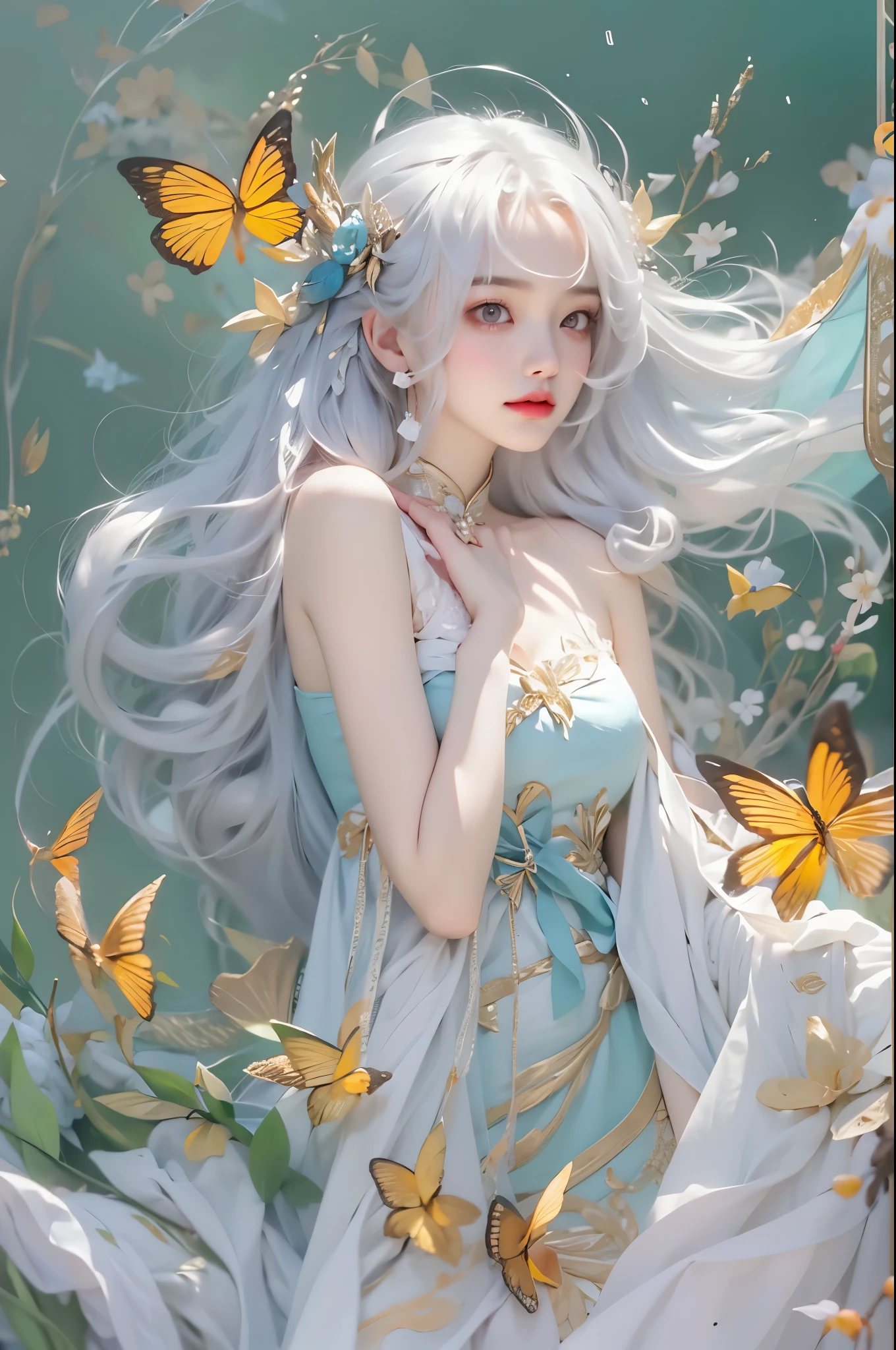 fairy dress, One hand resting on his lips、周围头发有白butterflys兰,Lilac dendrobium、orange lily、white lilies、1 girl in、fully body photo、White hair、floated hair、Hazy beauty、A plump chest, Chopping, Have extremely beautiful facial features、Hairpin on the head、Lie in the flowers、Drag your chin with both hands、perfect hand、rosette、(springtime、raining day、butterflys、precipice)、 vectorial art、Chinese contemporary art、Soft lighting、intertwined scarves、looking-down