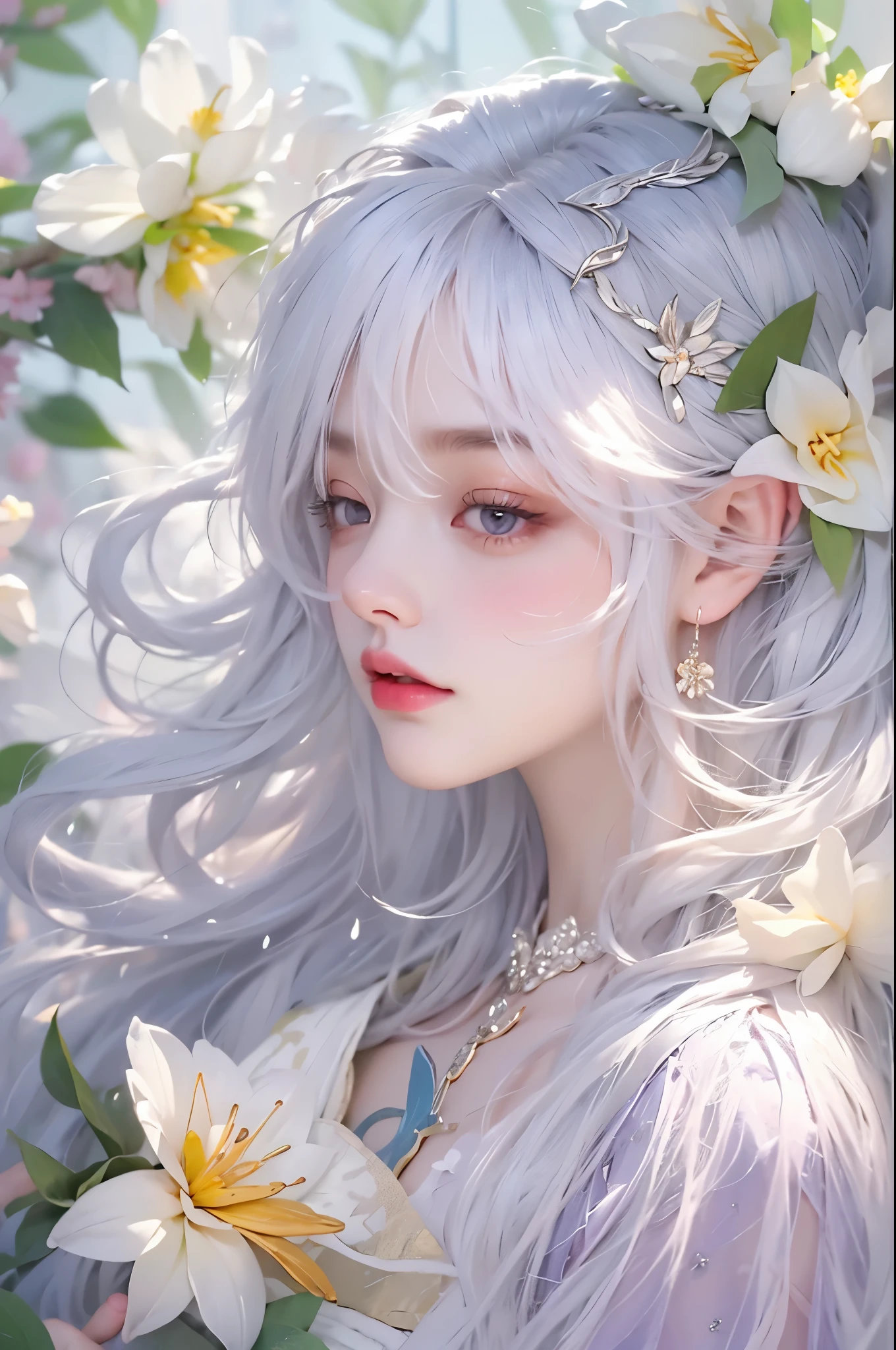 fairy dress, One hand resting on his lips、周围头发有白butterflys兰,Lilac dendrobium、orange lily、white lilies、1 girl in、fully body photo、White hair、floated hair、Hazy beauty、A plump chest, Chopping, Have extremely beautiful facial features、Hairpin on the head、Lie in the flowers、Drag your chin with both hands、perfect hand、rosette、(springtime、raining day、butterflys、precipice)、 vectorial art、Chinese contemporary art、Soft lighting、intertwined scarves、looking-down