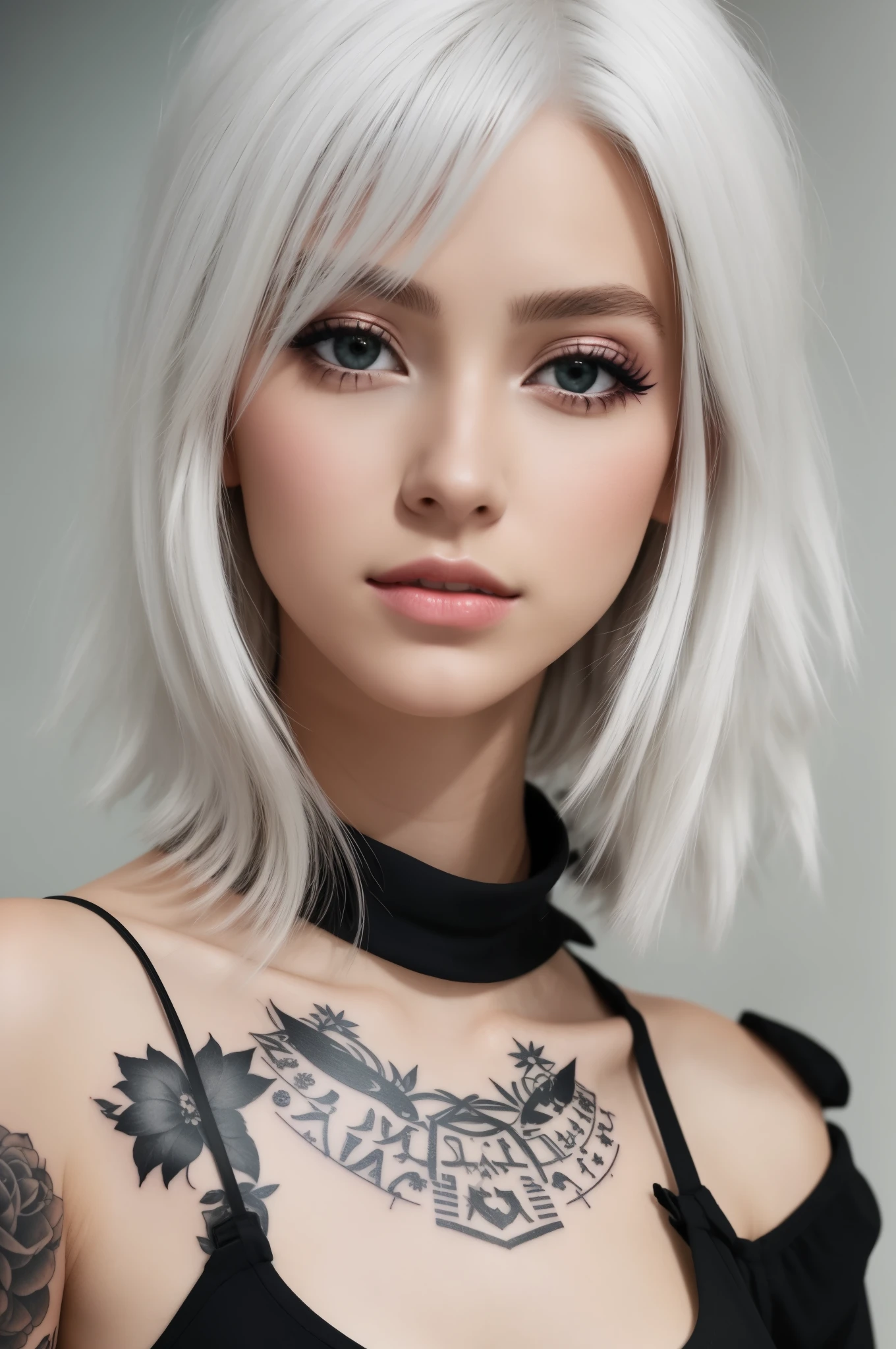 messy shoulder length white hair, olhos castanhos, feliz, menina estilo anime bonito, lips tattoo on arm, rostos detalhados limpos, roupas intracate, analogous colors, sombras brilhantes, gradiente bonito, profundidade de campo, imagem limpa, alta qualidade, alto detalhe, highes definition, Luminous Studio graphics engine, rosto bonito in a coffee shop