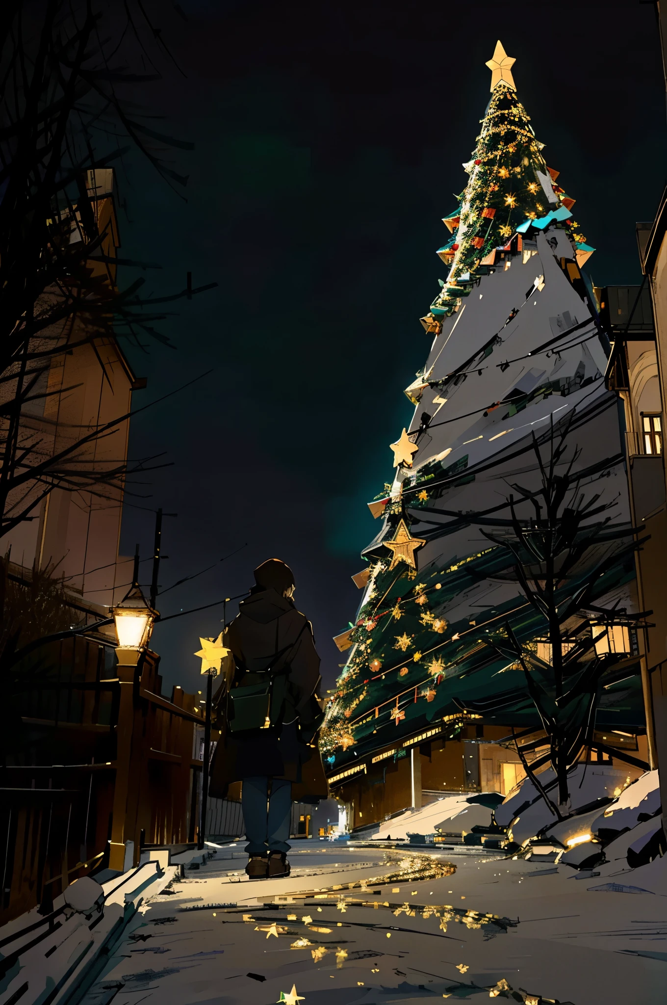 lighted christmas tree in front of a building with a star on top, vacation, christmas, local illumination, glowing lights at night, festive atmosphere, christmas tree, christmas night, City lights made of dense trees, At night when there is light, 1128x191 resolution, Photos taken at night, christmas lights, There is a tree in the background