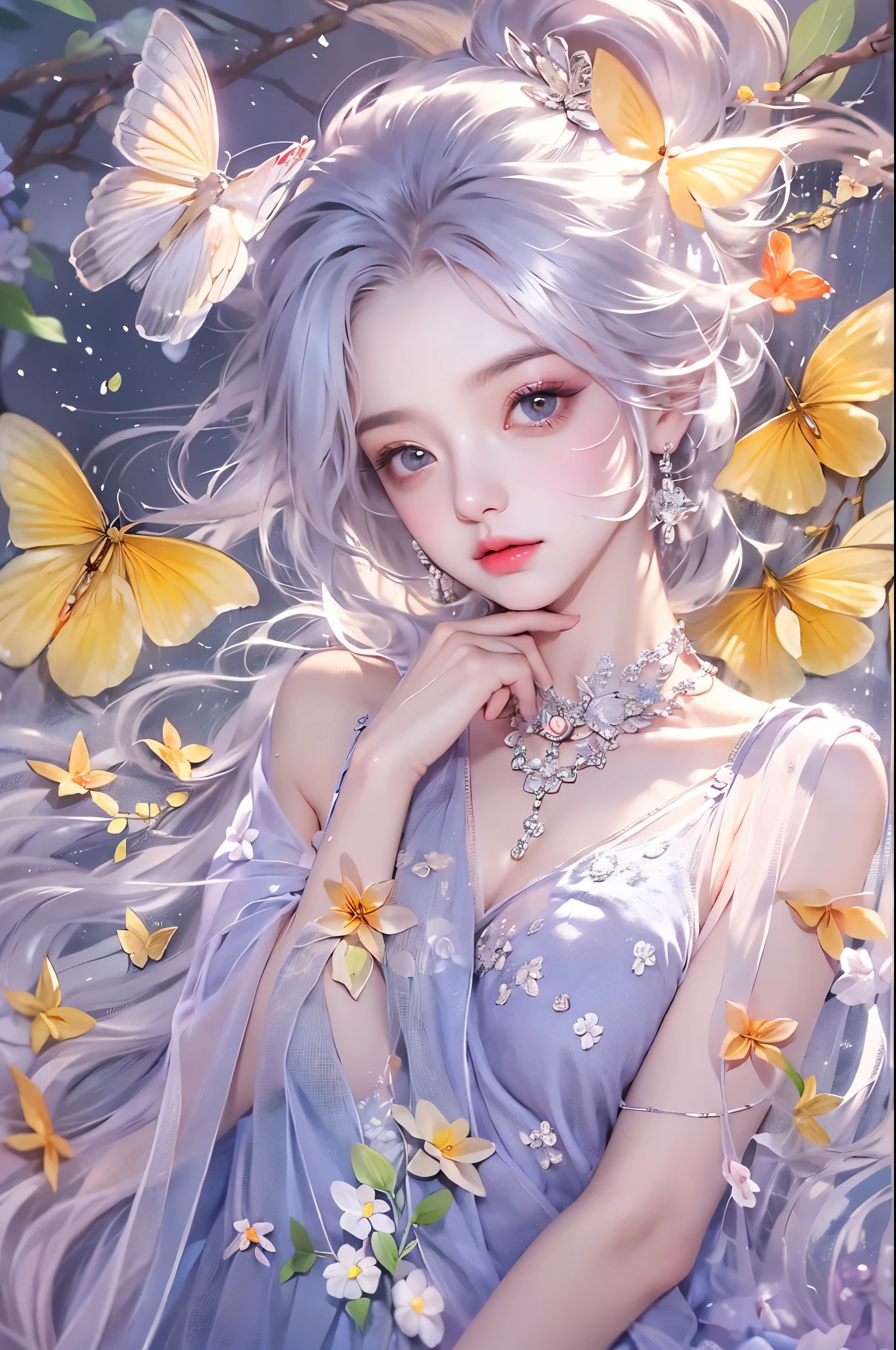 Sweet girl clothes2,pearl necklace,blue dress,flower, ((knee shot)), One hand resting on his lips、周围头发有白butterflys兰，Lilac dendrobium、orange lily、white lilies、1 girl in、fully body photo、White hair、floated hair、Hazy beauty、A plump chest, Chopping, Have extremely beautiful facial features、Hairpin on the head、Lie in the flowers、Drag your chin with both hands、perfect hand、rosette、(springtime、raining day、butterflys、precipice)、 vectorial art、Chinese contemporary art、Soft lighting、intertwined scarves、looking-down