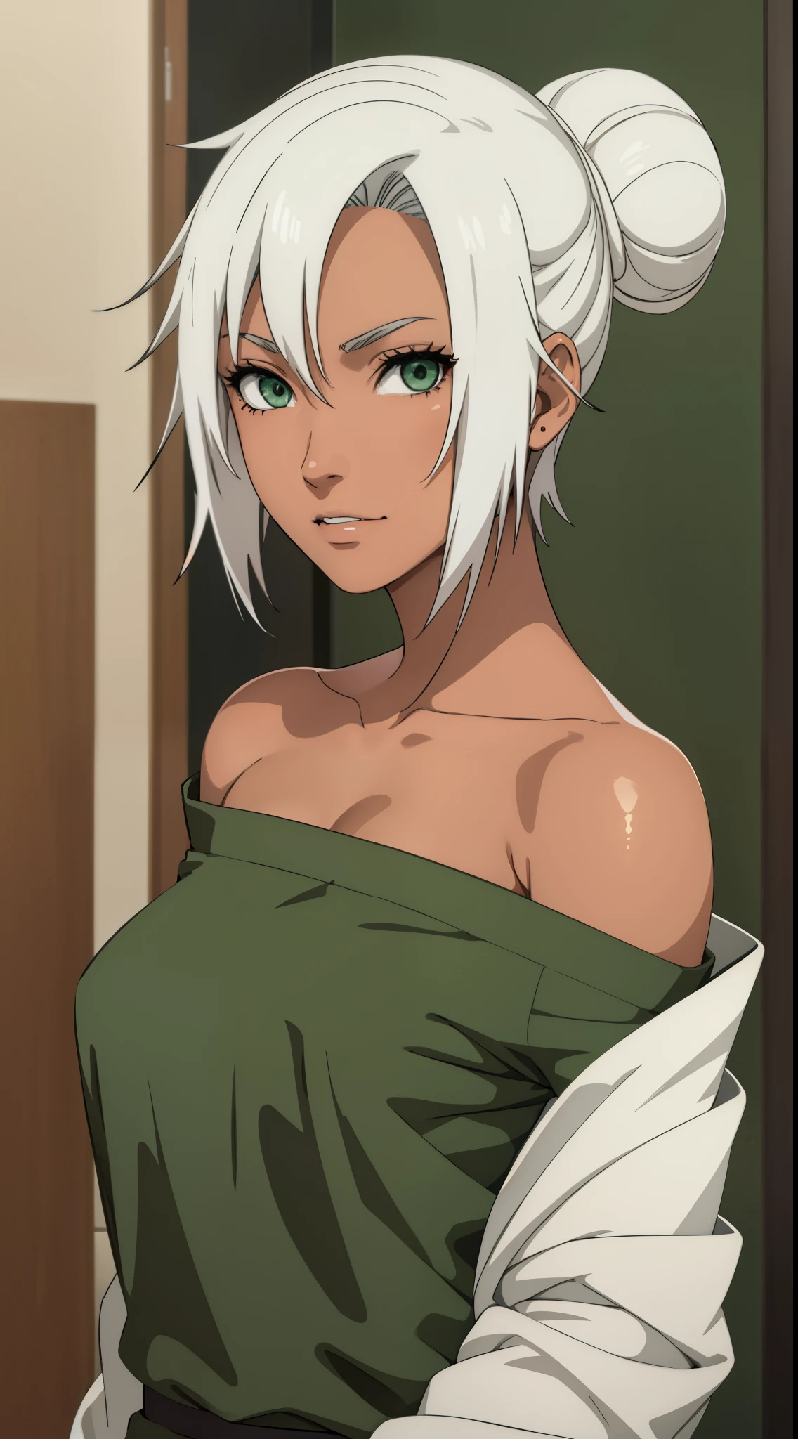 one-girl，plumw，Mabui, short detailed hair, (green-eyed:1.2), White hair, hair-bun, Dark-skinned women,Off-the-shoulder attire，ssmile，looks into camera，