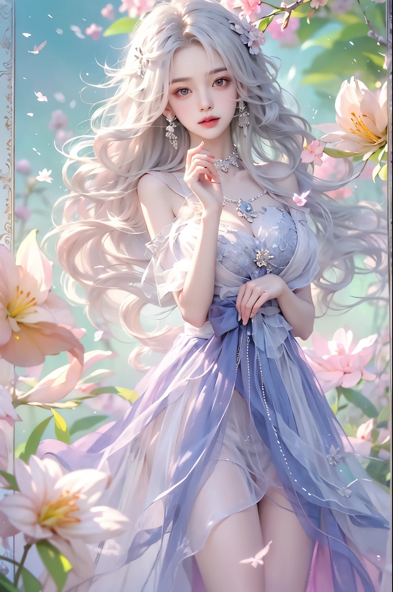 Sweet girl clothes2,pearl necklace,blue dress,flower, ((knee shot)), One hand resting on his lips、周围头发有白butterflys兰，Lilac dendrobium、orange lily、white lilies、1 girl in、fully body photo、White hair、floated hair、Hazy beauty、A plump chest, Chopping, Have extremely beautiful facial features、Hairpin on the head、Lie in the flowers、Drag your chin with both hands、perfect hand、rosette、(springtime、raining day、butterflys、precipice)、 vectorial art、Chinese contemporary art、Soft lighting、intertwined scarves、looking-down