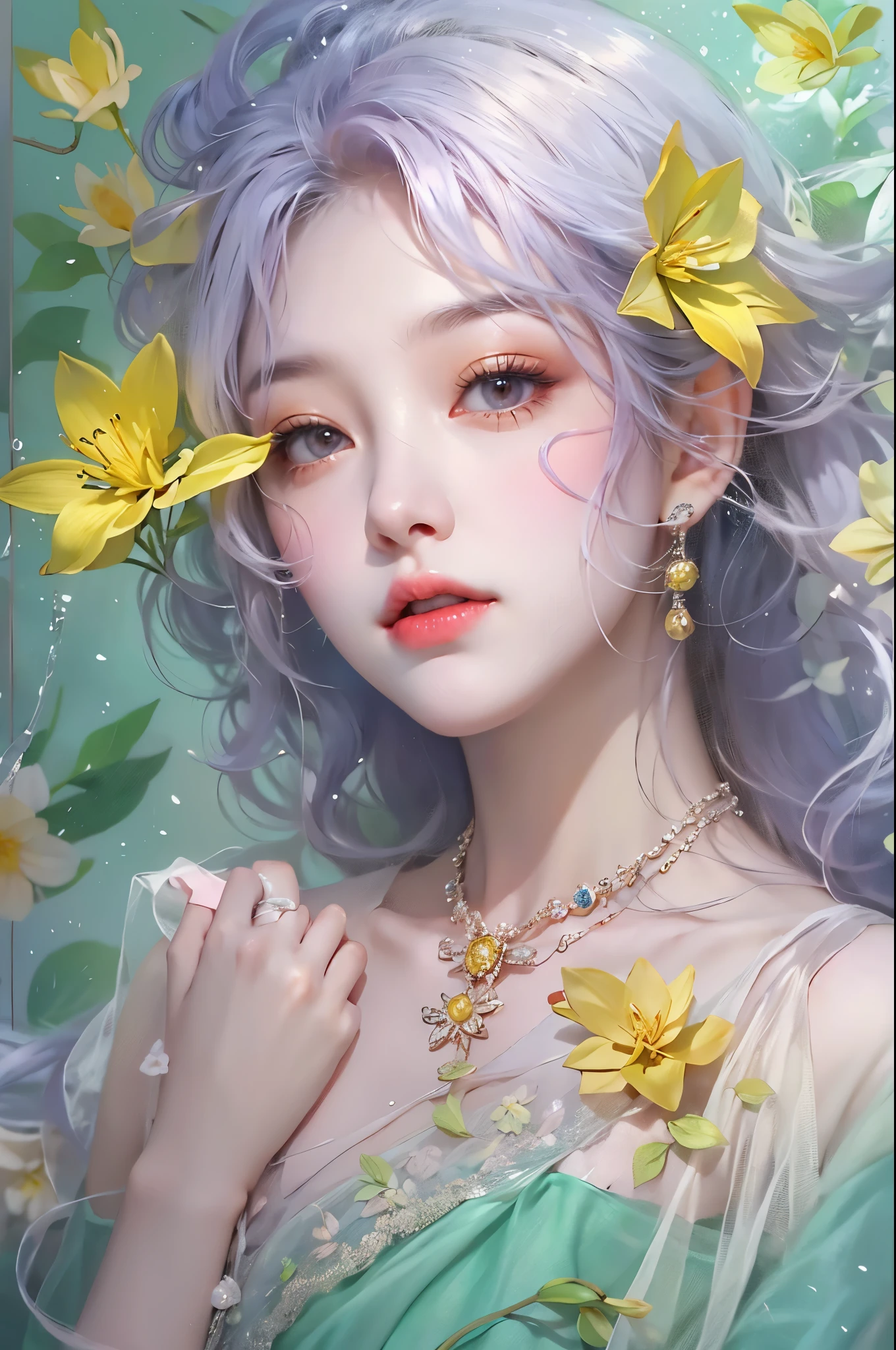 Sweet girl clothes2,pearl necklace,blue dress,flower, ((knee shot)), One hand resting on his lips、周围头发有白butterflys兰，Lilac dendrobium、orange lily、white lilies、1 girl in、fully body photo、White hair、floated hair、Hazy beauty、A plump chest, Chopping, Have extremely beautiful facial features、Hairpin on the head、Lie in the flowers、Drag your chin with both hands、perfect hand、rosette、(springtime、raining day、butterflys、precipice)、 vectorial art、Chinese contemporary art、Soft lighting、intertwined scarves、looking-down